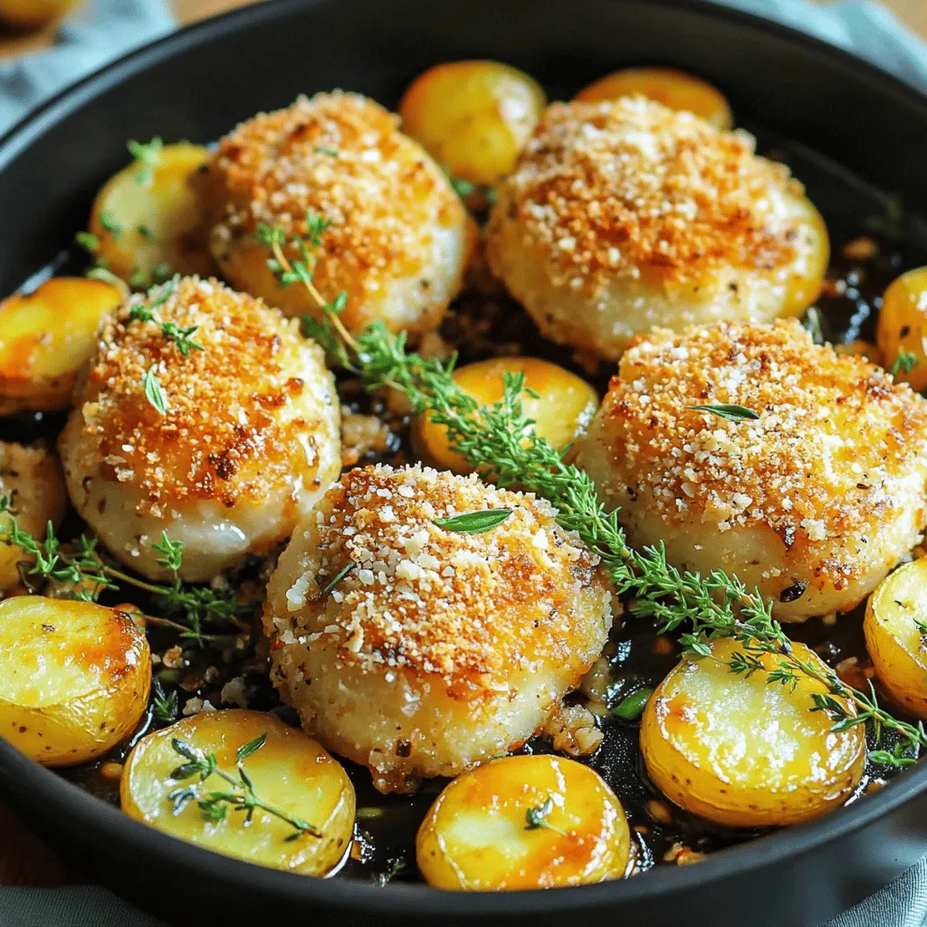 Für das One-Pan Knoblauch-Parmesan-Hühnchen und Kartoffeln benötigst du frische und einfache Zutaten. Der Hauptbestandteil sind die Hähnchenbrustfilets. Diese sind zart, saftig und perfekt für schnelle Gerichte. Du brauchst auch kleine Kartoffeln. Sie sind einfach zu schneiden und garen gleichmäßig.