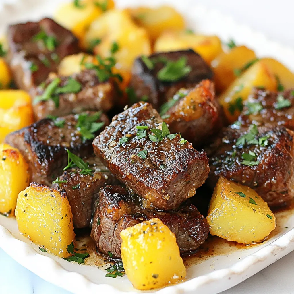 Knoblauchbutter Steak Bites und Kartoffeln Lecker Gericht