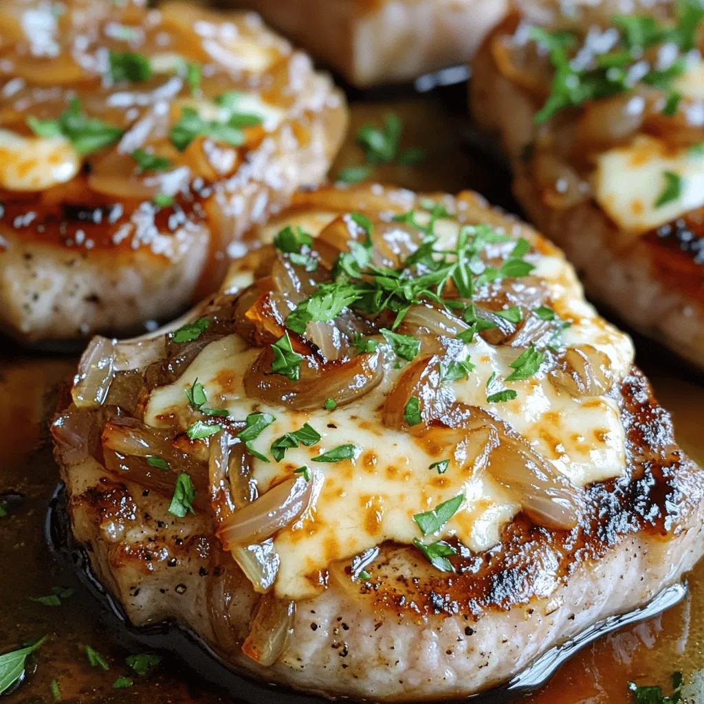 Für die perfekten Koteletts brauchst du einige wichtige Zutaten. Diese sind: - 4 Koteletts mit Knochen (ca. 2,5 cm dick) - Salz und Pfeffer nach Geschmack - 2 Esslöffel Olivenöl Die Koteletts sind das Herzstück des Gerichts. Die Knochen geben dem Fleisch mehr Geschmack. Das Salz und der Pfeffer intensivieren die Aromen der Koteletts. Die richtigen Gewürze und Öle machen den Unterschied. Hier sind die wichtigsten: - 2 große gelbe Zwiebeln, dünn geschnitten - 2 Knoblauchzehen, fein gehackt - 1 Esslöffel Balsamico-Essig - 1 Teelöffel frische Thymianblätter (oder ½ Teelöffel getrockneter Thymian) Zwiebeln sind ein Muss. Sie verleihen dem Gericht Süße und Tiefe. Knoblauch bringt einen feinen Geschmack, während Balsamico-Essig eine angenehme Säure hinzufügt. Thymian bringt frische Kräuternoten mit. Für die Sauce und das Topping brauchst du noch einige Zutaten. Diese sind: - 1 Esslöffel Mehl - 1 Tasse natriumreduzierter Rinderbrühe - 1 Tasse geriebener Gruyère-Käse - Frische Petersilie, gehackt (zur Garnierung) Das Mehl hilft, die Sauce zu binden. Rinderbrühe sorgt für einen tiefen, herzhaften Geschmack. Gruyère-Käse bringt eine cremige Textur und einen reichen Geschmack. Petersilie ist perfekt für die Garnierung. Sie bringt Farbe und Frische.Zuerst würzen Sie die Koteletts. Nehmen Sie die Koteletts und streuen Sie Salz und Pfeffer großzügig darauf. Stellen Sie sicher, dass beide Seiten gut gewürzt sind. Dies gibt den Koteletts einen tollen Geschmack. Erhitzen Sie das Olivenöl in einer großen Pfanne. Die Hitze sollte mittel bis hoch sein. Wenn das Öl heiß ist, legen Sie die Koteletts in die Pfanne. Braten Sie sie etwa 4-5 Minuten pro Seite an. Suchen Sie nach einer goldbraunen Farbe. Nehmen Sie die Koteletts heraus und legen Sie sie auf einen Teller. Reduzieren Sie die Hitze auf mittel. Geben Sie die geschnittenen Zwiebeln in die Pfanne. Fügen Sie eine Prise Salz hinzu. Kochen Sie die Zwiebeln etwa 10-15 Minuten lang. Rühren Sie gelegentlich um. Sie wollen, dass die Zwiebeln karamellisiert und goldbraun sind. Wenn sie kleben, fügen Sie einen Schuss Wasser hinzu. Sobald die Zwiebeln karamellisiert sind, fügen Sie den gehackten Knoblauch hinzu. Geben Sie auch den Balsamico-Essig und die Thymianblätter dazu. Kochen Sie die Mischung für 2 Minuten. Rühren Sie gut um, bis alles duftet. Streuen Sie das Mehl über die Zwiebeln. Mischen Sie alles gut zusammen. Lassen Sie die Mischung etwa eine Minute kochen. Fügen Sie dann langsam die Rinderbrühe hinzu. Rühren Sie ständig, um Klumpen zu vermeiden. Legen Sie die Koteletts wieder in die Pfanne. Bedecken Sie sie mit der Zwiebelsauce. Reduzieren Sie die Hitze auf niedrig. Decken Sie die Pfanne ab und lassen Sie die Mischung 10-12 Minuten köcheln. Das Fleisch sollte eine Innentemperatur von 63 °C erreichen. Nehmen Sie die Pfanne vom Herd. Streuen Sie den geriebenen Gruyère-Käse über die Koteletts. Decken Sie die Pfanne ab, bis der Käse schmilzt. Dies dauert etwa 2-3 Minuten. Legen Sie die Koteletts vorsichtig auf Teller. Geben Sie die Zwiebelsauce und den Käse großzügig darüber. Garnieren Sie das Gericht mit gehackter Petersilie. Genießen Sie Ihr köstliches Gericht! Um perfekte Koteletts zu machen, ist die Temperatur wichtig. Heizen Sie die Pfanne auf mittlere bis hohe Hitze. Braten Sie die Koteletts für 4-5 Minuten pro Seite an. Nach dem Anbraten sollten sie eine Innentemperatur von 63 °C erreichen. Nutzen Sie ein Fleischthermometer, um die Temperatur zu prüfen. Dies sorgt dafür, dass das Fleisch saftig bleibt und nicht trocken wird. Lassen Sie die Koteletts nach dem Braten kurz ruhen. So verteilt sich der Saft besser im Fleisch. Karamellisieren Sie die Zwiebeln langsam. Beginnen Sie bei mittlerer Hitze. Fügen Sie eine Prise Salz hinzu, um den Prozess zu fördern. Rühren Sie die Zwiebeln regelmäßig um, damit sie gleichmäßig braun werden. Vermeiden Sie hohe Hitze, da die Zwiebeln sonst verbrennen. Wenn sie zu kleben beginnen, geben Sie etwas Wasser hinzu. Das hilft, die Zwiebeln vom Pfannenboden zu lösen. Geduld ist der Schlüssel. Es kann bis zu 15 Minuten dauern, bis sie perfekt karamellisiert sind. Für gesündere Koteletts können Sie einige Anpassungen vornehmen. Verwenden Sie weniger Öl oder ein Spray, um die Pfanne zu ölen. Tauschen Sie die Koteletts gegen mageres Fleisch oder Tofu aus. Statt Gruyère-Käse können Sie einen fettärmeren Käse nutzen. Zudem können Sie die Zwiebeln mit mehr Gemüse kombinieren, wie zum Beispiel Paprika oder Champignons. Diese Optionen machen das Gericht nahrhafter und leicht. {{image_4}} Gruyère-Käse ist köstlich, aber Sie können auch andere Käsesorten verwenden. Cheddar, Mozzarella oder Emmentaler eignen sich gut. Diese Käsesorten schmelzen wunderbar und geben dem Gericht eine eigene Note. Experimentieren Sie und finden Sie Ihren Favoriten. Zu den Koteletts passen viele Beilagen. Probieren Sie einen frischen Salat, gedünsteten Brokkoli oder Kartoffelpüree. Gemüse kann auch in die Pfanne. Fügen Sie Karotten oder grüne Bohnen hinzu. Sie geben Farbe und Nährstoffe. Bunte Beilagen machen das Gericht interessanter. Eine Marinade kann den Geschmack der Koteletts verbessern. Mischen Sie Olivenöl, Knoblauch und Rosmarin für eine einfache Marinade. Lassen Sie die Koteletts mindestens eine Stunde marinieren. Gewürzmischungen wie Paprika oder Kreuzkümmel bringen zusätzlichen Geschmack. Seien Sie kreativ und passen Sie die Gewürze an Ihren Geschmack an.Um die Reste deiner French Onion Smothered Pork Chops frisch zu halten, lege sie in einen luftdichten Behälter. Du kannst auch Frischhaltefolie verwenden. Achte darauf, die Koteletts gut abzudecken. So bleibt der Geschmack erhalten. Lass die Koteletts zuerst auf Raumtemperatur kommen, bevor du sie in den Kühlschrank stellst. Wenn du die Koteletts aufwärmen möchtest, benutze am besten die Pfanne oder den Ofen. Erhitze die Pfanne bei mittlerer Hitze. Lege die Koteletts hinein und decke sie ab. So bleiben sie saftig. Du kannst auch einen Spritzer Brühe hinzugeben, um die Feuchtigkeit zu erhöhen. Alternativ kannst du die Koteletts im Ofen bei 180 °C für etwa 10 Minuten erwärmen. Im Kühlschrank halten die Reste etwa 3 bis 4 Tage. Stelle sicher, dass du sie in einem luftdichten Behälter aufbewahrst. Wenn du die Koteletts länger aufbewahren möchtest, friere sie ein. Im Gefrierschrank halten sie bis zu 3 Monate. Achte darauf, die Koteletts gut zu verpacken, um Gefrierbrand zu vermeiden. Um sie aufzutauen, lege sie einfach über Nacht in den Kühlschrank. Für das volle Rezept schau dir die Anleitung zu Porkkoteletts mit französischer Zwiebelsauce an. Die Koteletts sollten etwa 10-12 Minuten köcheln. Achte darauf, dass das Fleisch eine Innentemperatur von 63 °C erreicht. So bleibt das Fleisch saftig und zart. Es ist wichtig, die Koteletts während des Kochens in der Zwiebelsauce zu belassen. Dadurch nehmen sie den vollen Geschmack auf. Ja, du kannst die Zwiebeln im Voraus zubereiten. Karamellisiere sie einfach und lasse sie abkühlen. Bewahre sie in einem luftdichten Behälter im Kühlschrank auf. So sparst du Zeit beim Kochen. Wenn du bereit bist, die Koteletts zu machen, wärme die Zwiebeln einfach in der Pfanne auf. Das macht das Gericht noch einfacher. Zu den Koteletts passen viele Beilagen. Einige gute Optionen sind: - Kartoffelpüree - Reis - Gedünstetes Gemüse - Baguette Diese Beilagen ergänzen die Aromen der Zwiebelsauce gut und machen das Essen komplett. Um das Rezept vegetarisch zu machen, ersetze die Koteletts durch dicke Scheiben von Portobello-Pilzen oder Tofu. Du kannst die Zwiebelsoße wie gewohnt zubereiten. Achte darauf, dass die Pilze oder der Tofu gut gewürzt sind, damit sie den vollen Geschmack annehmen. So erhältst du ein schmackhaftes vegetarisches Gericht. Das Rezept für Koteletts bietet viele einfache Schritte zum Kochen und Genießen. Wir haben die Hauptzutaten, Gewürze und die besten Tipps zur Zubereitung behandelt. Denkt daran, die Koteletts richtig zu würzen und die Zwiebeln perfekt zu karamellisieren. Variationen und Aufbewahrungsmöglichkeiten machen das Rezept flexibel und lecker. Mit diesen Informationen könnt ihr sicher tolle Koteletts zubereiten. Habt Mut, zu experimentieren und neue Ideen auszuprobieren!