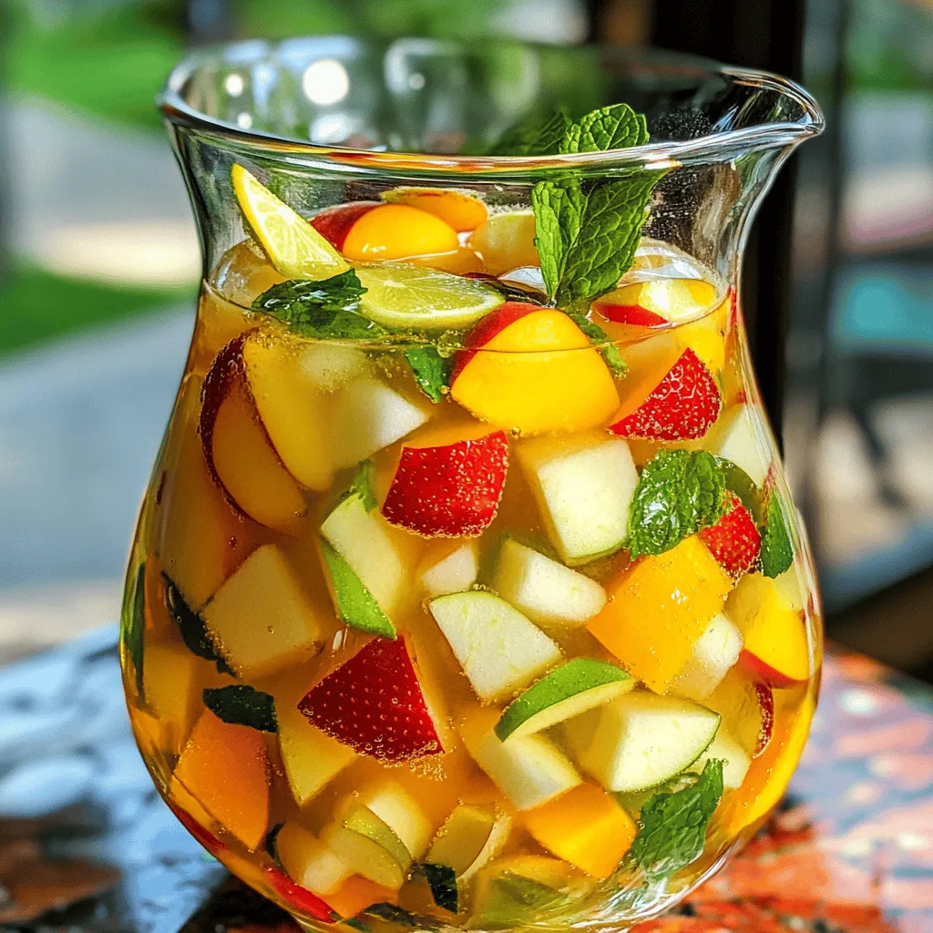 Für eine leckere weiße Sangria benötigst du folgende Hauptzutaten: - 720 ml sprudelnder weißer Traubensaft - 240 ml frisch gepresster Orangensaft - 120 ml Limonade mit Zitronen- und Limettengeschmack - 150 g gewürfelte Pfirsiche - 150 g Erdbeeren, in Scheiben geschnitten - 1 grüner Apfel, gewürfelt - 125 g frische Minzblätter, grob gehackt - 1 Zitrone, in dünne Scheiben geschnitten - 1 Limette, in dünne Scheiben geschnitten - Eiswürfel Diese Zutaten machen deine Sangria fruchtig und erfrischend. Sie bringen Farbe und Geschmack in dein Glas. Der Wein ist wichtig für den Geschmack. Wähle einen trockenen, fruchtigen Weißwein. Ein guter Sauvignon Blanc oder Pinot Grigio passt gut. Diese Weine haben frische Aromen, die die Früchte ergänzen. Sie sollten nicht zu süß sein, da die Sangria sonst zu klebrig wird. Du kannst viele Früchte in deine Sangria geben. Probiere Ananas, Kiwi oder Himbeeren. Diese Früchte bringen Abwechslung und neue Geschmäcker. Auch Kräuter wie Basilikum oder Rosmarin sind gute Optionen. Sie verleihen der Sangria einen besonderen Twist. Die Möglichkeiten sind fast unbegrenzt! Um eine fruchtige weiße Sangria zu machen, folge diesen einfachen Schritten: 1. Nimm einen großen Krug. Gieße 720 ml sprudelnden weißen Traubensaft hinein. 2. Füge 240 ml frisch gepressten Orangensaft hinzu. Rühre sanft, sodass sich die Säfte gut vermischen. 3. Jetzt kommen die frischen Früchte. Gib 150 g gewürfelte Pfirsiche, 150 g Erdbeeren und 1 gewürfelten grünen Apfel dazu. 4. Die Aromen werden noch besser mit 125 g grob gehackten frischen Minzblättern. 5. Um zusätzliche Frische hinzuzufügen, schneide 1 Zitrone und 1 Limette in dünne Scheiben. Füge sie in den Krug. 6. Decke den Krug ab und stelle ihn für mindestens 1 Stunde in den Kühlschrank. So können sich die Aromen entfalten. 7. Kurz vor dem Servieren, gebe 120 ml Limonade oder sprudelndes Wasser dazu. Rühre vorsichtig um, damit die Sprudel-Eigenschaft bleibt. 8. Serviere die Sangria in Gläsern mit Eiswürfeln. Garniere sie mit extra Minzblättern und Fruchtscheiben. - Nutze frische Früchte für den besten Geschmack. Tiefgefrorene Früchte sind eine gute Alternative. - Experimentiere mit verschiedenen Fruchtsäften. Du kannst auch Ananas- oder Grapefruitsaft probieren. - Bereite die Sangria am besten einen Tag vorher zu. So schmeckt sie noch besser. Kühle die Sangria immer gut. Eine kühle Sangria schmeckt erfrischender. Stelle sicher, dass der Krug abgedeckt ist, um den Geschmack zu bewahren. Wenn du es eilig hast, kannst du Eiswürfel direkt in die Gläser geben. So bleibt das Getränk kühl, ohne die Aromen zu verwässern. Um den Geschmack Ihrer weißen Sangria zu verbessern, verwenden Sie frische Zutaten. Diese bringen den besten Geschmack. Wählen Sie reife Früchte. Pfirsiche, Erdbeeren und Äpfel sind großartige Optionen. Achten Sie darauf, frischen Orangensaft zu nutzen. Er hebt den Geschmack stark an. Verwenden Sie auch frische Minze für einen tollen Duft. Lassen Sie die Sangria vor dem Servieren mindestens eine Stunde kühlen. So verbinden sich die Aromen besser. Ein häufiger Fehler ist, die Sangria nicht genug zu kühlen. Kälte verstärkt den fruchtigen Geschmack. Ein anderer Fehler ist zu viel Zucker. Dies kann den Geschmack überladen. Verwenden Sie stattdessen süße Früchte. Vergessen Sie nicht, die Limonade kurz vor dem Servieren hinzuzufügen. So bleibt die Spritzigkeit erhalten. Mischen Sie die Zutaten nicht zu stark, damit die Früchte ganz bleiben. Servieren Sie die Sangria in großen Gläsern mit viel Eis. Fügen Sie ein paar Minzblätter als Dekoration hinzu. Das sieht gut aus und bringt Frische. Für einen extra Kick können Sie Sekt hinzufügen. Dies verleiht Ihrer Sangria eine prickelnde Note. Kombinieren Sie die Sangria mit leichten Snacks. Tapas oder frische Salate passen gut. Probieren Sie auch, die Sangria mit einem leichten Dessert zu servieren. So wird Ihr Abend perfekt. {{image_4}} Du kannst die weiße Sangria leicht an die Jahreszeiten anpassen. Im Frühling sind Erdbeeren und Pfirsiche frisch und lecker. Im Sommer verwende Wassermelone und Ananas für eine tropische Note. Der Herbst bringt Äpfel und Birnen, die einen warmen Geschmack bieten. Im Winter kannst du Zitrusfrüchte wie Blutorangen oder Grapefruits nutzen. Jede Saison bringt neue Farben und Geschmäcker in dein Getränk. Wenn du deinen Drink süßer magst, probiere Honig oder Agavendicksaft. Diese geben der Sangria eine feine Süße. Für etwas mehr Spritzigkeit kannst du auch Ginger Ale oder Tonic Water hinzufügen. Diese Optionen machen deine Sangria noch erfrischender und aufregender. Achte darauf, die Süße nach deinem Geschmack anzupassen. Eine alkoholfreie Sangria ist einfach zu machen! Ersetze den Weißwein durch mehr Traubensaft oder einen sprudelnden Traubensaft. Der Geschmack bleibt fruchtig und lecker. Du kannst auch kohlensäurehaltiges Wasser verwenden, um die Spritzigkeit zu erhalten. Vergiss nicht, die frischen Früchte und Minze hinzuzufügen, um den Geschmack zu verstärken. So genießen alle, auch die, die keinen Alkohol trinken.Um die weiße Sangria frisch zu halten, lagere sie im Kühlschrank. Verwende einen luftdichten Behälter, um die Aromen zu bewahren. Gut gekühlt bleibt sie bis zu drei Tage genießbar. Nach dieser Zeit kann der Geschmack fade werden. Falls du Reste hast, kannst du sie leicht auffrischen. Füge frische Früchte und einen Spritzer Zitrone hinzu. Das bringt neuen Schwung in das Getränk. Wenn die Sangria weniger spritzig schmeckt, gib etwas frische Limonade dazu. Die Reste deiner Sangria sind vielseitig. Du kannst sie in Desserts verwenden, wie in Sorbets oder Gelees. Auch in Saucen für Fleischgerichte macht sie sich gut. Experimentiere und finde neue Rezepte, die deinen Resten ein neues Leben geben! Der beste Wein für weiße Sangria ist ein trockener, frischer Weißwein. Ich empfehle, Sauvignon Blanc oder Pinot Grigio zu wählen. Diese Weine passen gut zu den fruchtigen Aromen. Sie bringen eine schöne Balance und sind leicht. Vermeide süße Weine, da sie die Sangria zu schwer machen. Ja, du kannst andere Früchte verwenden! Lass deiner Kreativität freien Lauf. Äpfel, Ananas oder sogar Trauben passen gut. Du kannst auch Beeren wie Himbeeren oder Brombeeren hinzufügen. Diese Früchte bringen zusätzliche Farben und Aromen in die Sangria. Denke daran, die Früchte frisch und reif zu wählen. Du kannst die Sangria bis zu 24 Stunden im Voraus zubereiten. Stelle sicher, dass du die Limonade erst kurz vor dem Servieren hinzufügst. So bleibt die Spritzigkeit erhalten. Wenn du sie länger lagerst, verlieren die Früchte ihren frischen Biss. Die Aromen werden jedoch intensiver und köstlicher. In diesem Artikel haben wir die Zutaten für die Weiße Sangria besprochen. Der richtige Weißwein ist wichtig. Frische Früchte und Aromen machen das Getränk bunt und lecker. Wir haben ein einfaches Rezept für fruchtige Weiße Sangria Fizz vorgestellt und Tipps zur Zubereitung gegeben. Vermeiden Sie häufige Fehler, um den besten Geschmack zu erreichen. Denken Sie auch an Variationen und Aufbewahrungstips, um das Beste aus Ihrer Sangria herauszuholen. Experimentieren Sie mit verschiedenen Zutaten und genießen Sie Ihre Kreation!