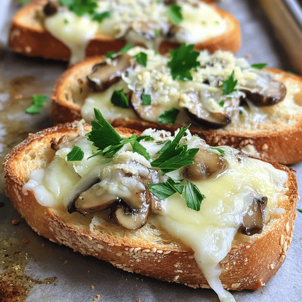 - 250g frische Champignons - 3 Knoblauchzehen - 100g Frischkäse - 100g geriebener Mozzarella - 50g Parmesankäse - 4 Scheiben Ciabatta-Brot