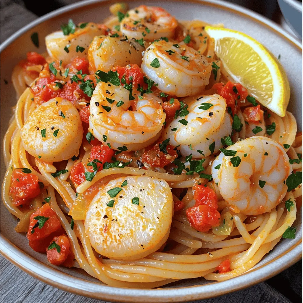 Leckere Seafood Pasta mit Garnelen und Jakobsmuscheln