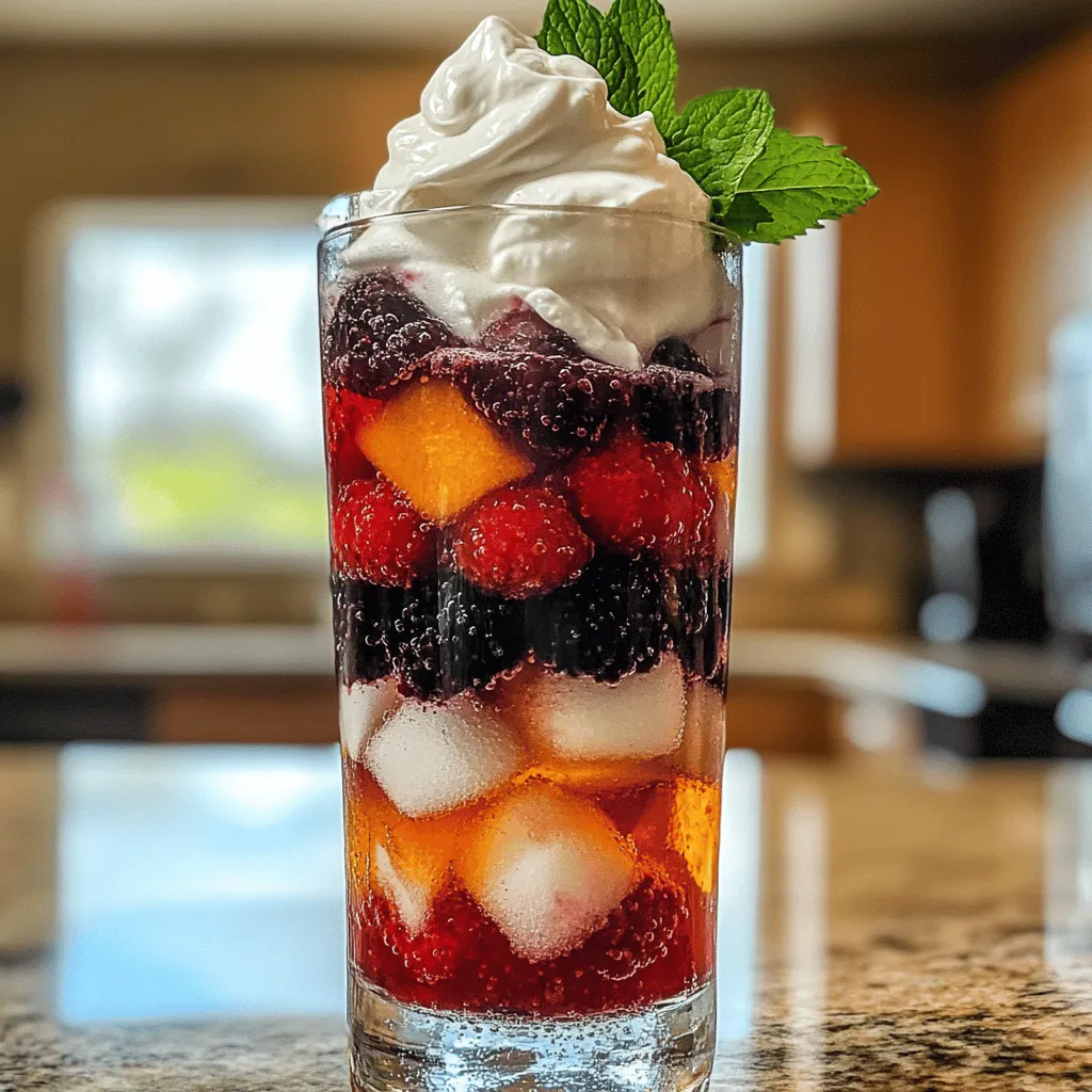 Um ein Berry Italian Cream Soda zu machen, brauche ich einige frische Zutaten. Die Hauptzutaten sind: 1 Tasse gemischte Beeren, 2 Esslöffel Zucker, 1 Tasse Sprudelwasser, 1/2 Tasse Schlagsahne, 1 Teelöffel Vanilleextrakt und Eiswürfel. Frische Minzblätter sind perfekt zum Garnieren.