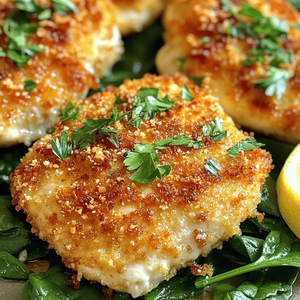 - 4 Hähnchenbrustfilets ohne Knochen und Haut - 1 Tasse geriebener Parmesan - 1 Tasse Panko-Paniermehl