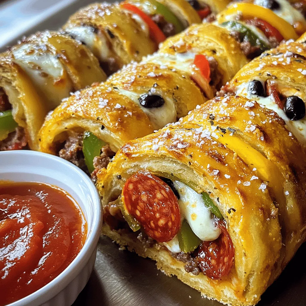 Um ein köstliches Stromboli zuzubereiten, brauchst du diese Zutaten: - 1 große Pizzateig (fertig gekauft oder selbst gemacht) - 1 Tasse Marinara-Sauce (zum Dippen) - 1 Tasse Mozzarella-Käse, gerieben - 1/2 Tasse Salami-Scheiben - 1/2 Tasse gekochte italienische Wurst, zerbröselt - 1/2 Tasse Paprika, dünn geschnitten (rot und grün) - 1/4 Tasse schwarze Oliven, in Scheiben geschnitten - 1 Teelöffel italienische Gewürze - 1 Esslöffel Olivenöl - 1 Ei, geschlagen (für die Ei-Wäsche) - Flaky Meersalz, zum Bestreuen Diese Zutaten machen dein Stromboli lecker und sättigend. Wenn du das beste Stromboli machen möchtest, achte auf frische Zutaten. Wähle den Pizzateig mit Sorgfalt. Frischer Teig gibt dem Stromboli eine schöne Textur. Achte darauf, dass der Mozzarella gut schmilzt. Er sollte frisch und von guter Qualität sein. Bei den Füllungen wähle hochwertige Salami und Wurst. Sie verleihen dem Gericht den besten Geschmack. Frisches Gemüse wie Paprika sorgt für Knackigkeit und Farbe. Möchtest du dein Stromboli anpassen? Hier sind ein paar Ideen: - Verwende Spinat oder Rucola für einen grünen Kick. - Füge Feta-Käse für eine salzige Note hinzu. - Du kannst Hähnchen oder sogar Gemüse für eine vegetarische Option verwenden. - Experimentiere mit verschiedenen Gewürzen wie Paprika oder Knoblauchpulver. Diese Variationen machen dein Stromboli noch spannender und einzigartig. Du kannst mit dem Rezept spielen, um es ganz nach deinem Geschmack zu gestalten. Heize deinen Ofen auf 200 °C vor. Das sorgt für gleichmäßiges Backen. Lege ein Backblech mit Backpapier aus. So klebt der Stromboli nicht fest. Diese Schritte sind wichtig für ein gutes Ergebnis. Nimm den Pizzateig und rolle ihn auf einer leicht bemehlten Fläche aus. Mache ein Rechteck von etwa 30x40 cm. Verteile dann den geriebenen Mozzarella gleichmäßig auf dem Teig. Lass einen kleinen Rand an den Rändern. Jetzt kommen die Füllungen. Lege die Salami, die zerbröselte Wurst, die Paprika und die schwarzen Oliven gleichmäßig darauf. Vergiss nicht, die italienischen Gewürze darüber zu streuen. Die Gewürze geben dem Stromboli tollen Geschmack. Beginne an einer der kurzen Seiten und rolle den Teig eng zu einem Log. Drücke die Nähte zusammen, um sie zu verschließen. Tucke die Enden unter den Stromboli. So bleibt die Füllung drin. Bestreiche die Außenseite mit dem geschlagenen Ei. Das gibt eine schöne goldene Farbe. Schneide 3-4 diagonale Schnitte auf die Oberseite. Dadurch kann der Dampf während des Backens entweichen. Träufle etwas Olivenöl darüber und bestreue ihn mit flaky Meersalz. Lege den Stromboli auf das Backblech und backe ihn 25-30 Minuten. Der Stromboli sollte goldbraun sein. Lass ihn 5-10 Minuten abkühlen. Dann schneide ihn in Scheiben und serviere ihn warm mit der Marinara-Sauce zum Dippen. Für das vollständige Rezept, schau dir den Abschnitt 