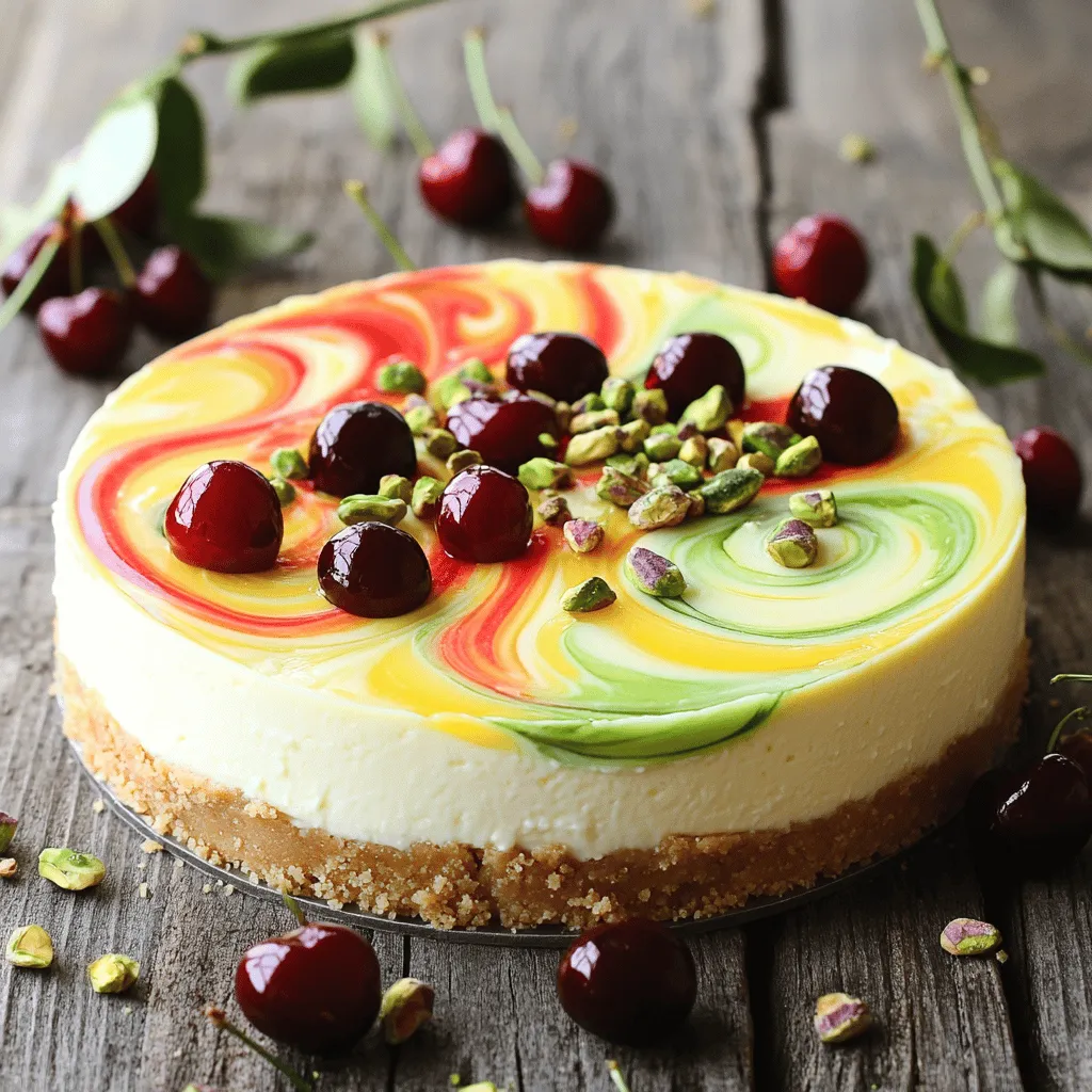 - 300 g Frischkäse - 200 g saure Sahne - 100 g Zucker - 2 Eier - Saft und Schale von 1 Zitrone - Saft und Schale von 1 Limette - 150 g Kirschen (frisch oder gefroren, entsteint) - 50 g gehackte Pistazien