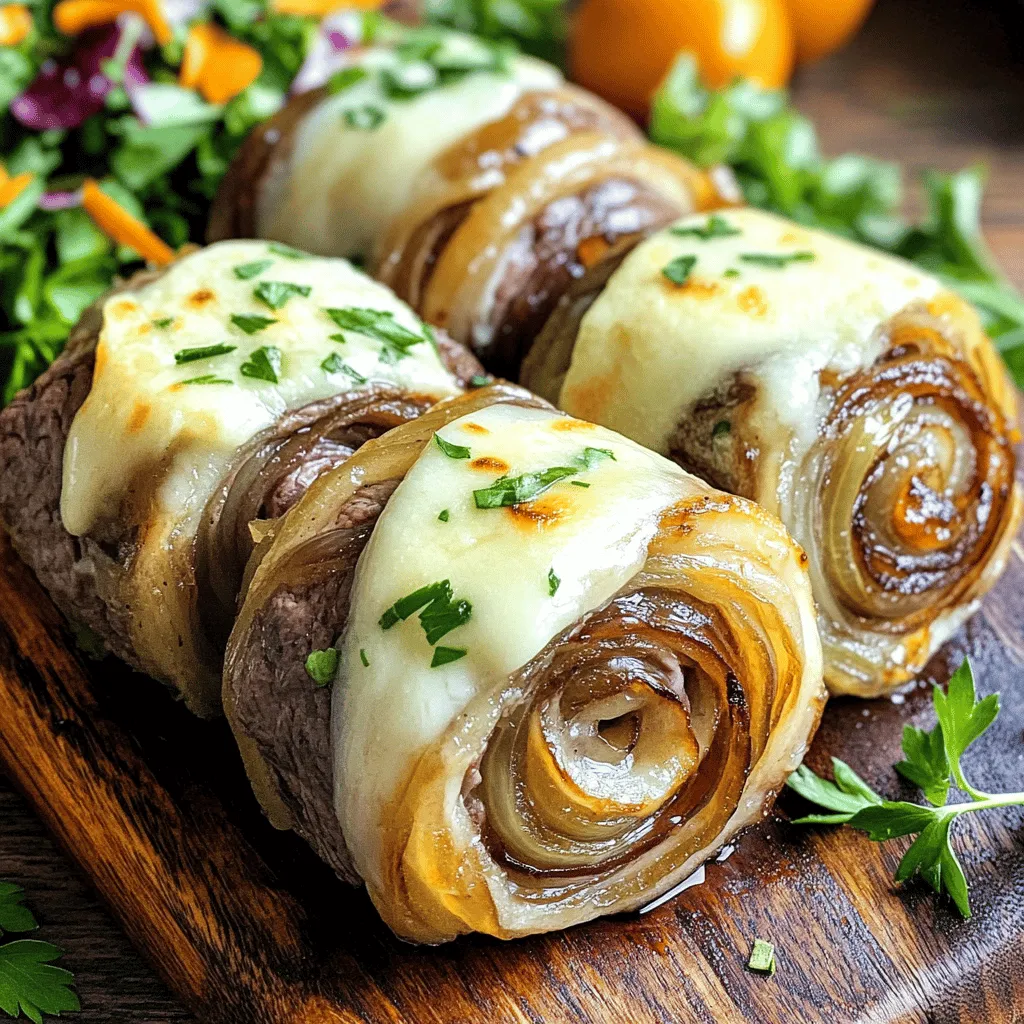 Um die French Onion Steak Pinwheels zuzubereiten, benötigst du frische und einfache Zutaten. Du brauchst 500 g Rindersteak, zwei große Zwiebeln, zwei Esslöffel Butter, zwei Esslöffel Olivenöl, 100 g weichen Frischkäse, 50 g geriebenen Käse, einen Teelöffel Thymian, einen Teelöffel Salz, einen halben Teelöffel Pfeffer und einige Scheiben Schinken, wenn du magst. Zahnstocher oder Küchengarn helfen, die Pinwheels zu fixieren.