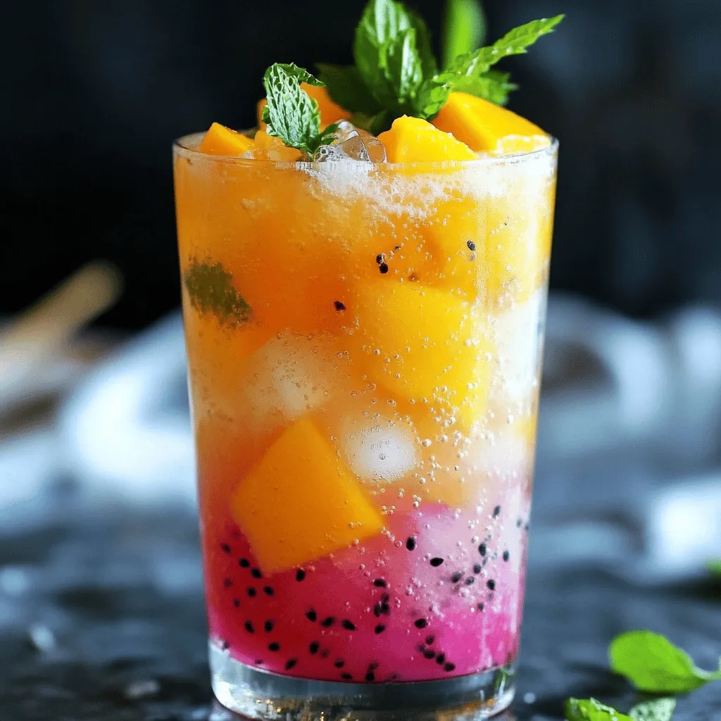 Der Mango Dragonfruit Refresher ist ein köstliches Getränk. Es enthält frische und gesunde Zutaten. Die Hauptzutaten sind Mango, Dragonfruit und Kokoswasser. Diese Zutaten machen das Getränk nicht nur lecker, sondern auch nahrhaft.