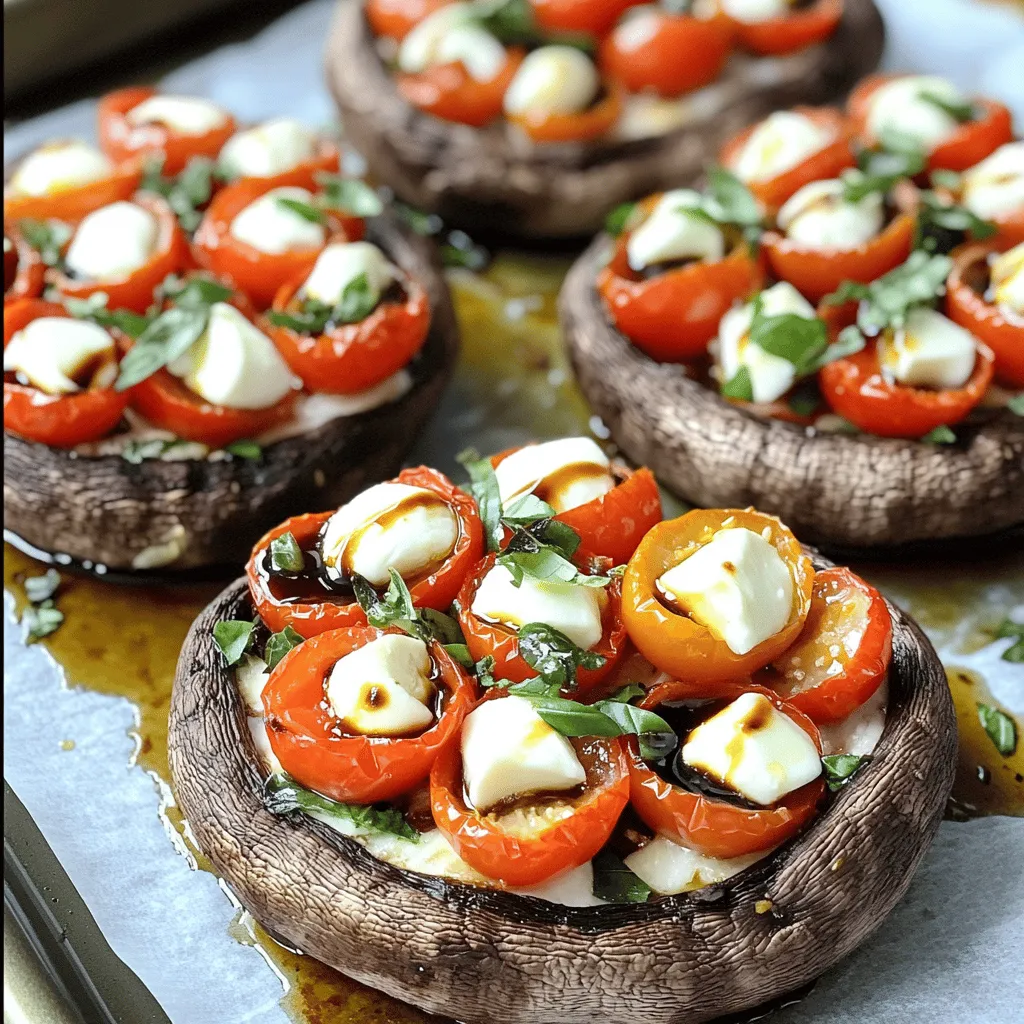 - 4 große Portobello-Pilze, entstielt und geputzt - 200 g frischer Mozzarella, gewürfelt - 200 g Kirschtomaten, halbiert