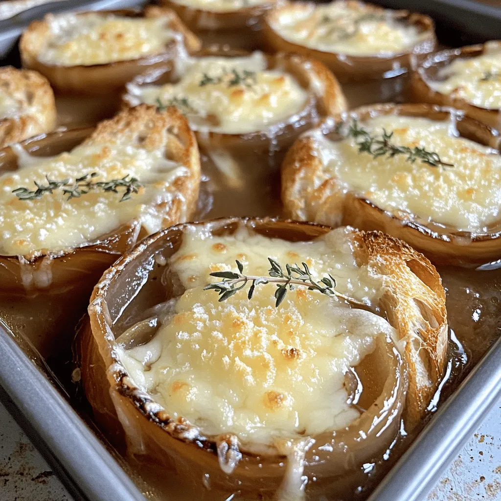 - 4 große Zwiebeln, dünn geschnitten - 2 Esslöffel Butter - 1 Esslöffel Olivenöl - 4 Tassen Rinderbrühe (oder Gemüsebrühe für eine vegetarische Version) - 1 Esslöffel Worcestershire-Sauce - 1 Teelöffel frische Thymianblätter (oder ½ Teelöffel getrockneter Thymian) - 1 Lorbeerblatt - Salz und Pfeffer nach Geschmack - 1 Baguette, in dicke Scheiben geschnitten - 2 Tassen geriebener Gruyère-Käse - ½ Tasse geriebener Parmesan-Käse