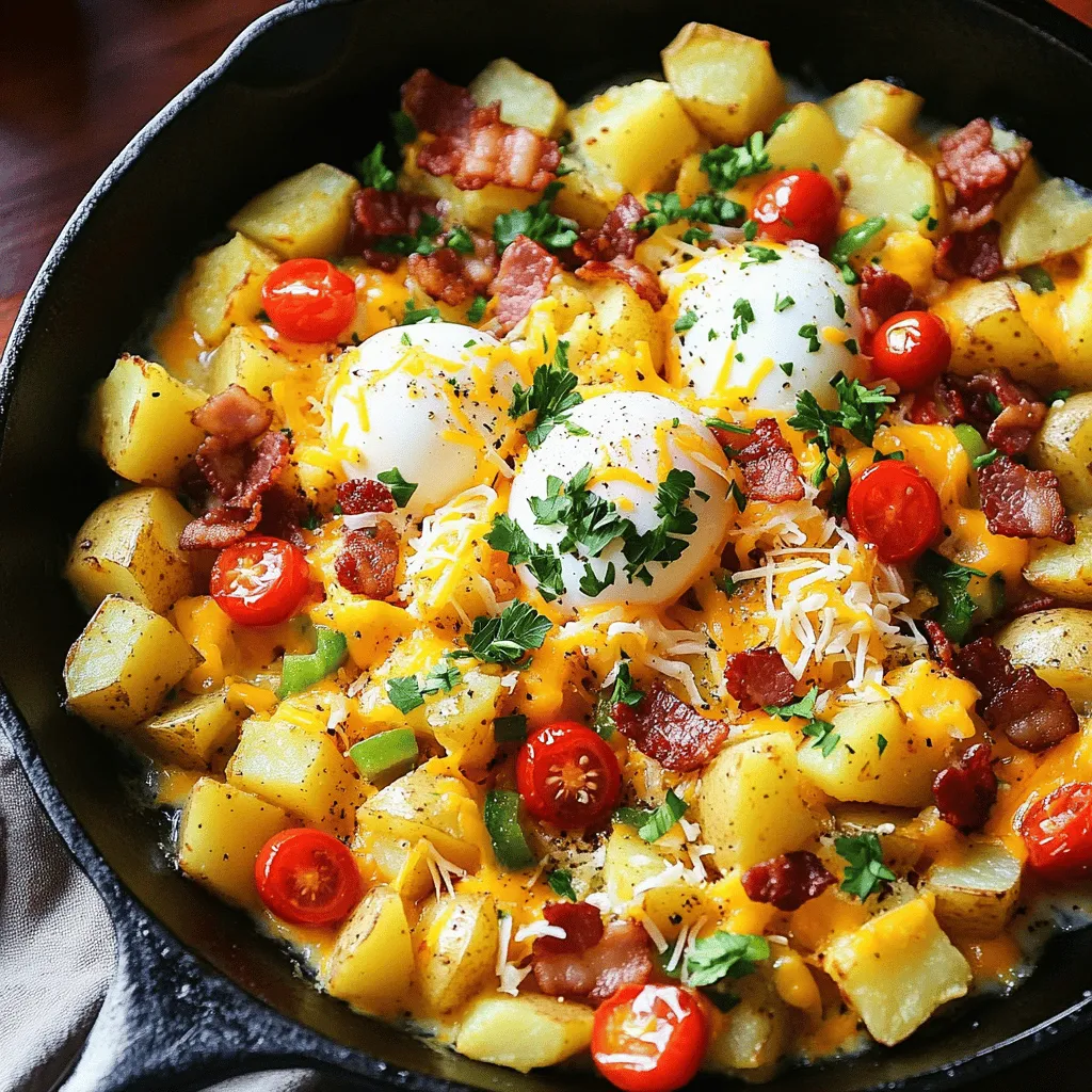Für ein köstliches Loaded Breakfast Skillet benötigst du folgende Hauptzutaten: - 4 mittelgroße Kartoffeln, gewürfelt - 4 große Eier - 150g Speck, gehackt - 1 Paprika, gewürfelt (jede Farbe) - 1 kleine Zwiebel, gewürfelt - 100g Kirschtomaten, halbiert - 100g geriebener Käse (Cheddar oder Gouda) - 2 Esslöffel Olivenöl - Salz und Pfeffer nach Geschmack - Frische Petersilie, gehackt (zum Garnieren)