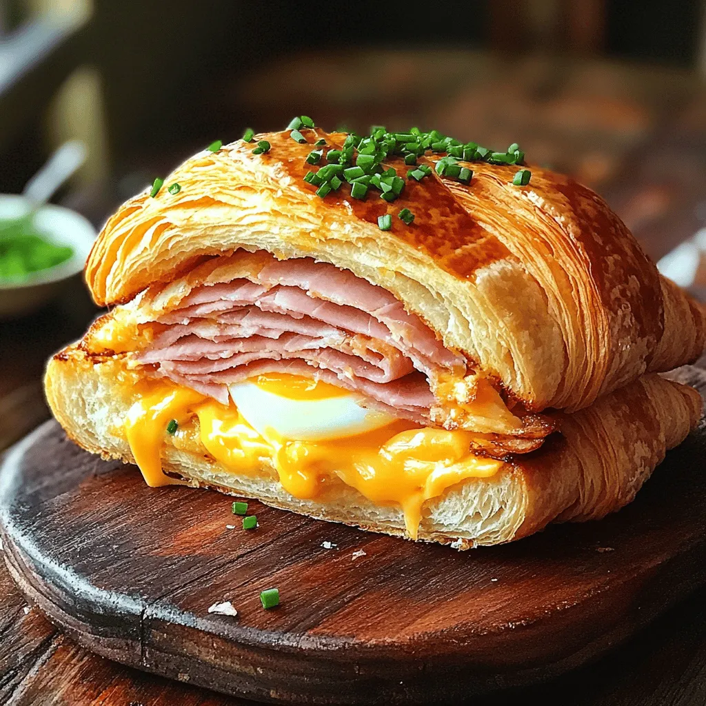 Für das Ham, Egg & Cheese Croissant Sandwich benötigst du diese Hauptzutaten: - 2 buttrige Croissants, halbiert - 4 Scheiben dünn geschnittener Schinken - 2 große Eier - 2 Scheiben Cheddarkäse - 1 Esslöffel Butter - Salz und Pfeffer nach Geschmack
