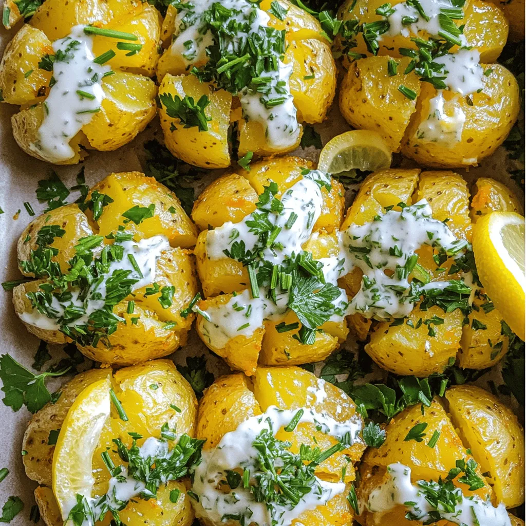 Um den Crispy Herb Smashed Potato Salad zuzubereiten, benötigst du frische und festkochende Kartoffeln. Kleine Kartoffeln, wie Fingerling, sind ideal. Du wirst auch Olivenöl, grobes Meersalz, Pfeffer, Paprika, frische Kräuter, Zitronensaft und Joghurt oder Frischkäse brauchen.