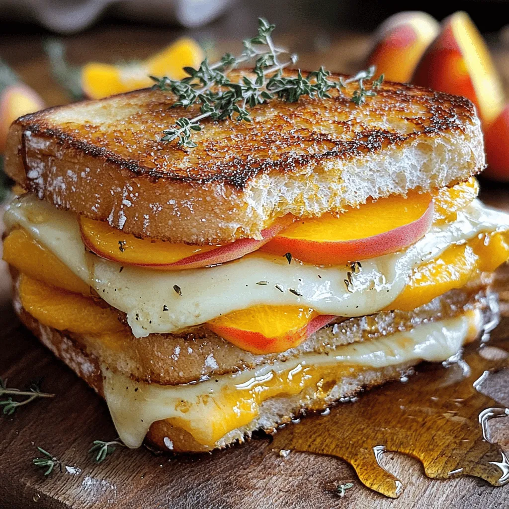 - 4 Scheiben Weißbrot - 2 reife Pfirsiche, entkernt und in dünne Scheiben geschnitten - 150 g Weißer Cheddar, in Scheiben oder gerieben - 2 Esslöffel Honig