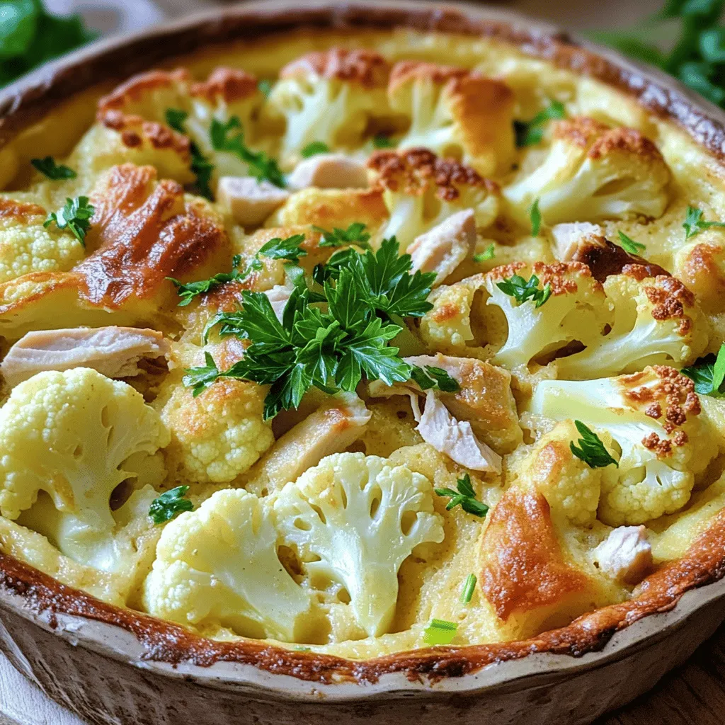 - 200 g Blumenkohl, in kleine Röschen zerteilt - 200 g gekochte Dinde (Truthahn), gewürfelt - 3 große Eier - 300 ml Milch - 100 g Mehl - 50 g geriebener Gruyère-Käse - 1 Teelöffel Backpulver - 2 Esslöffel Olivenöl - Salz und Pfeffer nach Geschmack - Frische Petersilie zum Garnieren