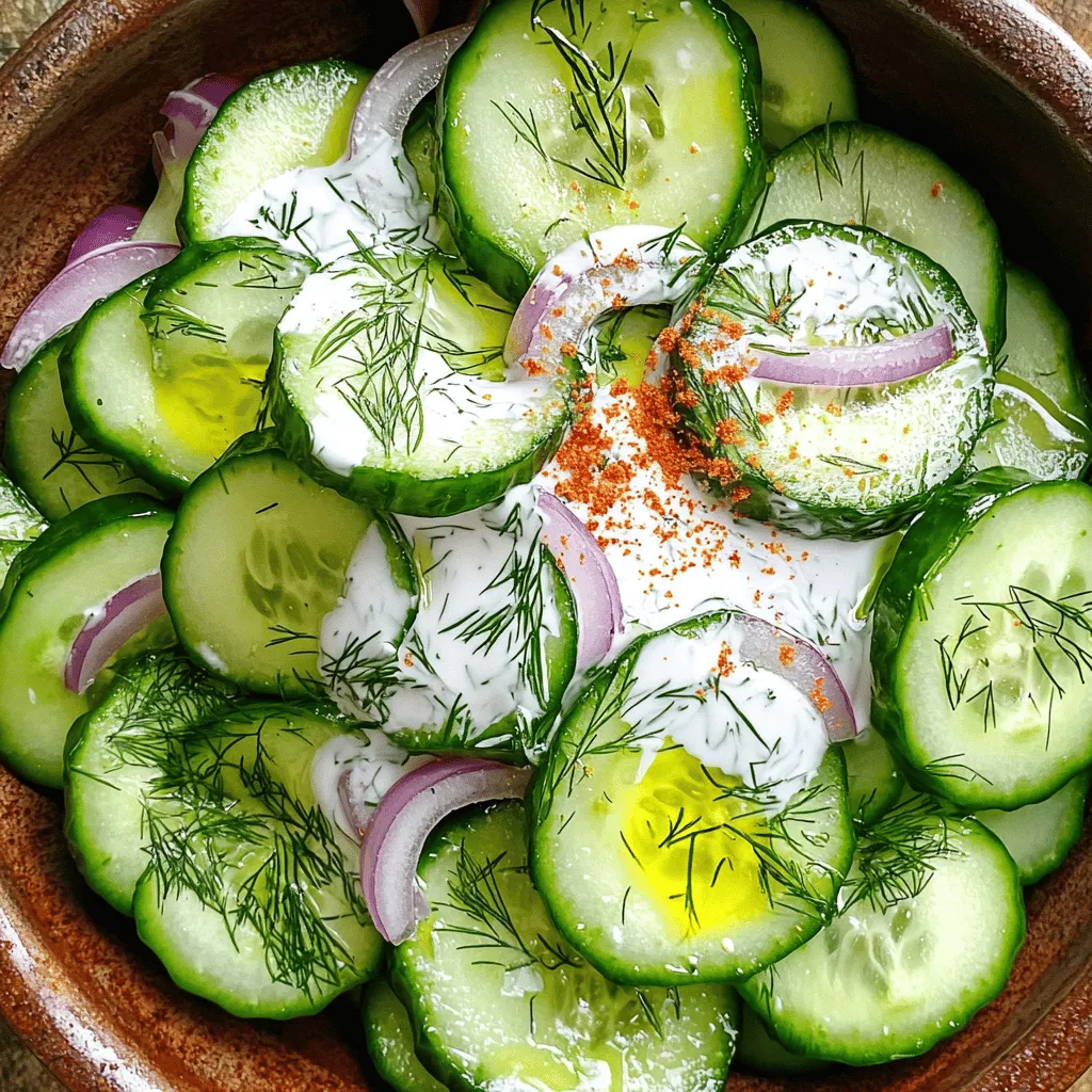 Um einen frischen Gurken-Dill-Salat zu machen, brauchst du: - 2 große Salatgurken, dünn geschnitten - 1 kleine rote Zwiebel, fein gehackt - 200 g Joghurt (griechisch oder Natur) - 2 Esslöffel frischer Dill, fein gehackt - 1 Esslöffel Zitronensaft - 1 Teelöffel Honig oder Zucker - Salz und Pfeffer nach Geschmack - 1 Esslöffel Olivenöl - 1 Teelöffel Senf (optional) - Eine Prise Paprika zum Garnieren