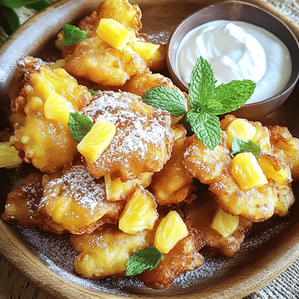 - 1 reife Ananas, geschält und in kleine Stücke geschnitten - 1 Tasse Mehl - 2 EL Zucker - 1 TL Backpulver - 1/2 TL Salz - 1/4 TL Zimt - 1/2 Tasse Kokosmilch - 1 großes Ei - Öl zum Frittieren - Puderzucker zum Bestäuben