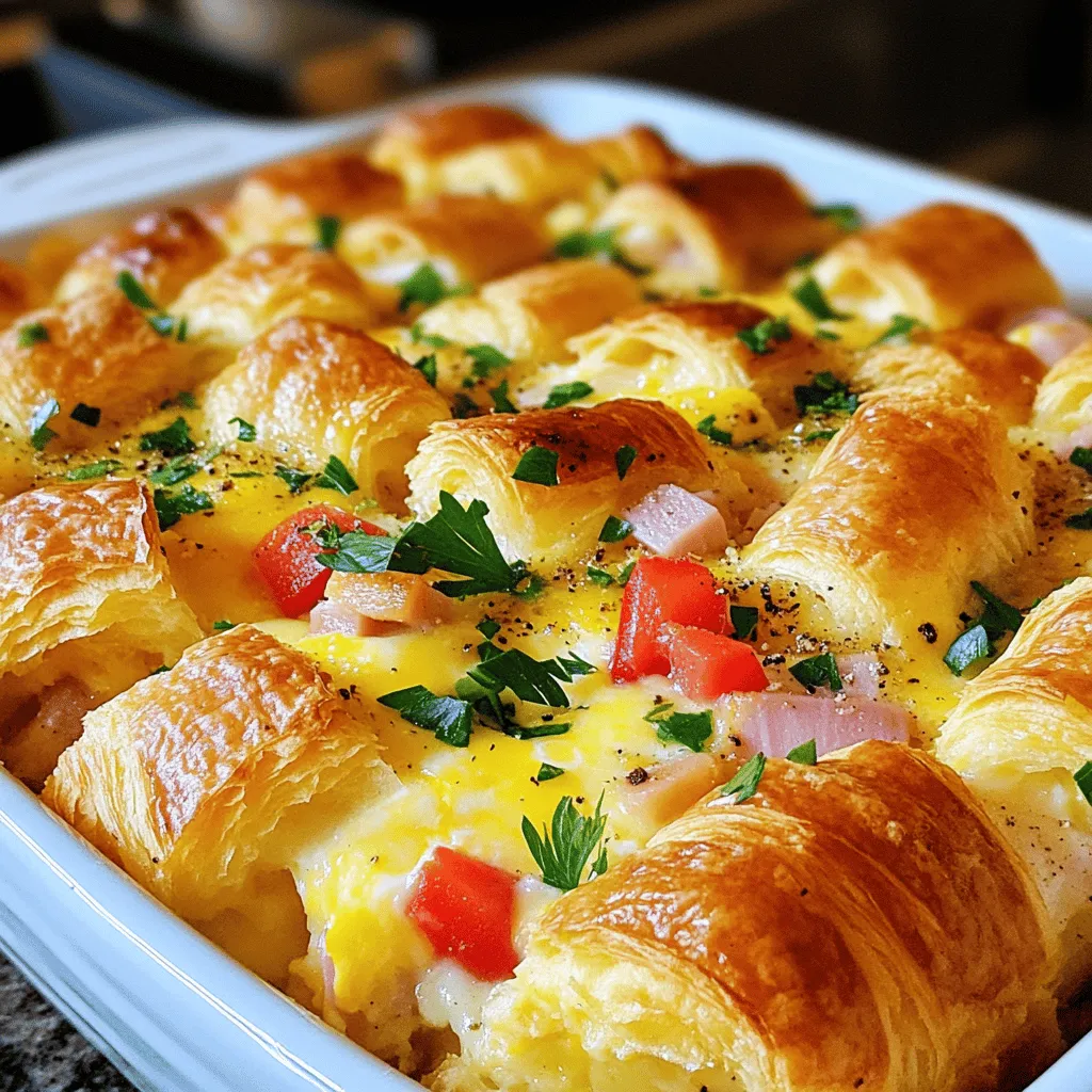 - 4 große Croissants, grob zerkleinert - 6 große Eier - 1 ½ Tassen Milch - 1 Tasse geriebener Käse (z.B. Gruyère oder Cheddar) - 1 Tasse gekochter Schinken, gewürfelt - 1 kleine Zwiebel, fein gehackt - 1 rote Paprika, gewürfelt - 2 Knoblauchzehen, gehackt - 1 Teelöffel Dijon-Senf - ½ Teelöffel getrockneter Thymian - Salz und Pfeffer nach Geschmack - Frische Petersilie oder Schnittlauch zum Garnieren