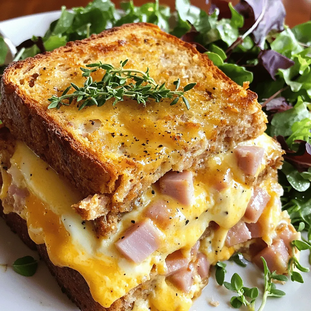 - 8 Scheiben komplettweizen Brot - 200 g gekochter Schinken, gewürfelt - 200 g Gruyère Käse, gerieben