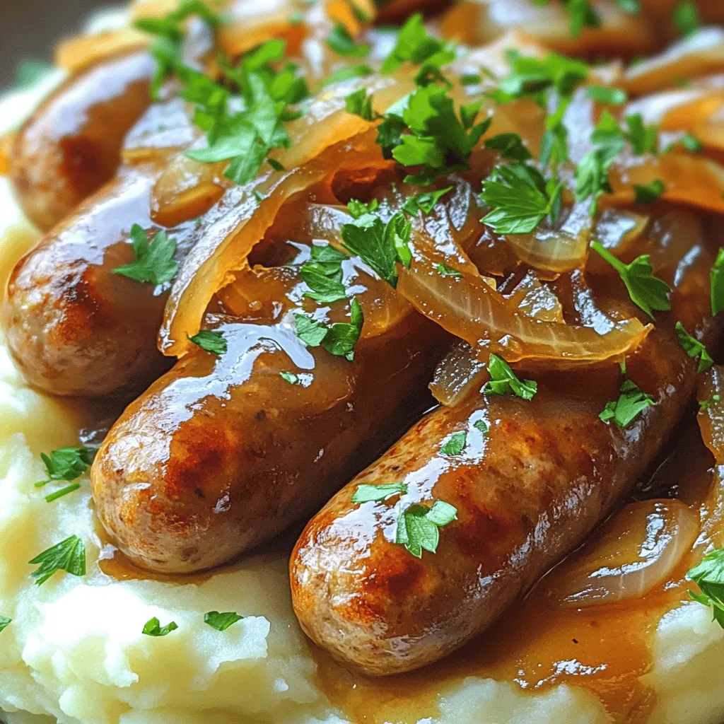 Für die perfekte Bangers & Mash benötigst du folgende Zutaten: - 6 frische Bratwürste (z.B. Schweine- oder Rinderwürste) - 600 g Kartoffeln, geschält und gewürfelt - 1 große Zwiebel, in dünne Ringe geschnitten - 2 EL Butter - 2 EL Olivenöl - 500 ml Rinderbrühe - 2 EL Mehl - 1 EL Worcestershire-Sauce - 1 TL Senf (optional) - Salz und Pfeffer nach Geschmack - Frische Petersilie zum Garnieren