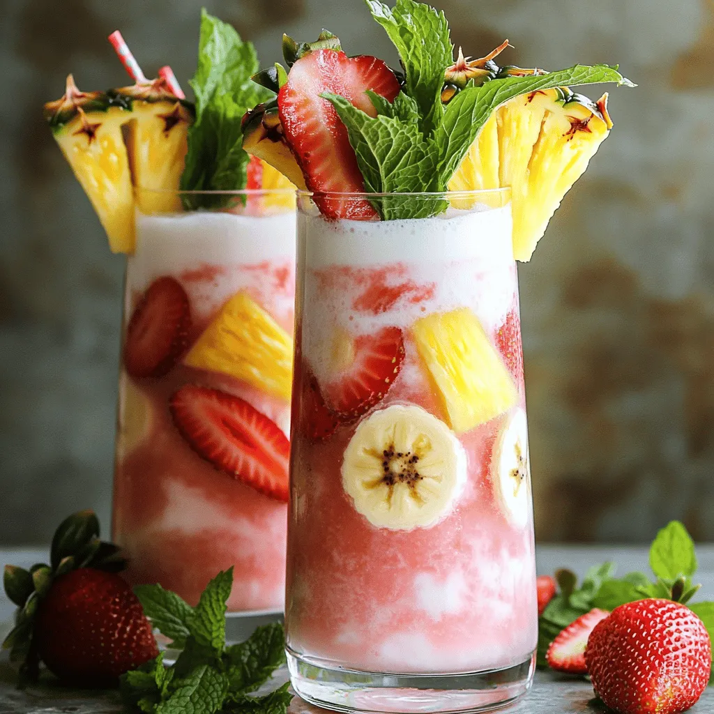 Um eine Pink Flamingo Colada zuzubereiten, brauchst du einige frische Zutaten. Du benötigst einen Becher Kokosmilch, einen Becher Ananassaft, eine reife Banane und eine kleine Mango. Außerdem brauchst du eine Tasse gefrorene Erdbeeren. Optional kannst du einen Esslöffel Honig oder Ahornsirup hinzufügen, um die Süße zu steigern. Schließlich brauchst du eine Tasse Eis und frische Minzblätter zur Garnierung.