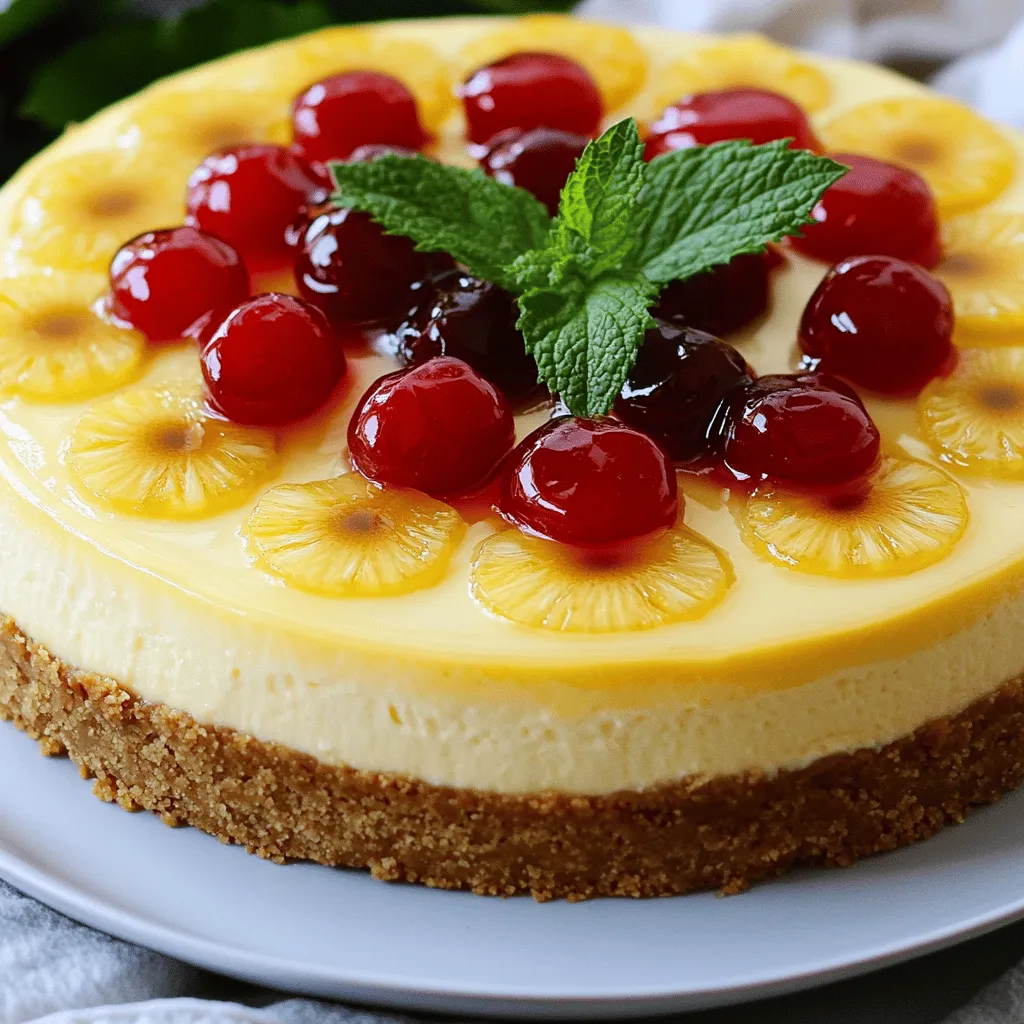 - 1 Tasse Graham Cracker Crumbs - 16 oz Frischkäse, weich - 1 Tasse Zucker - 3 große Eier - 1 Dose (20 oz) Ananas, abgetropft - 1/2 Tasse Maraschino-Kirschen