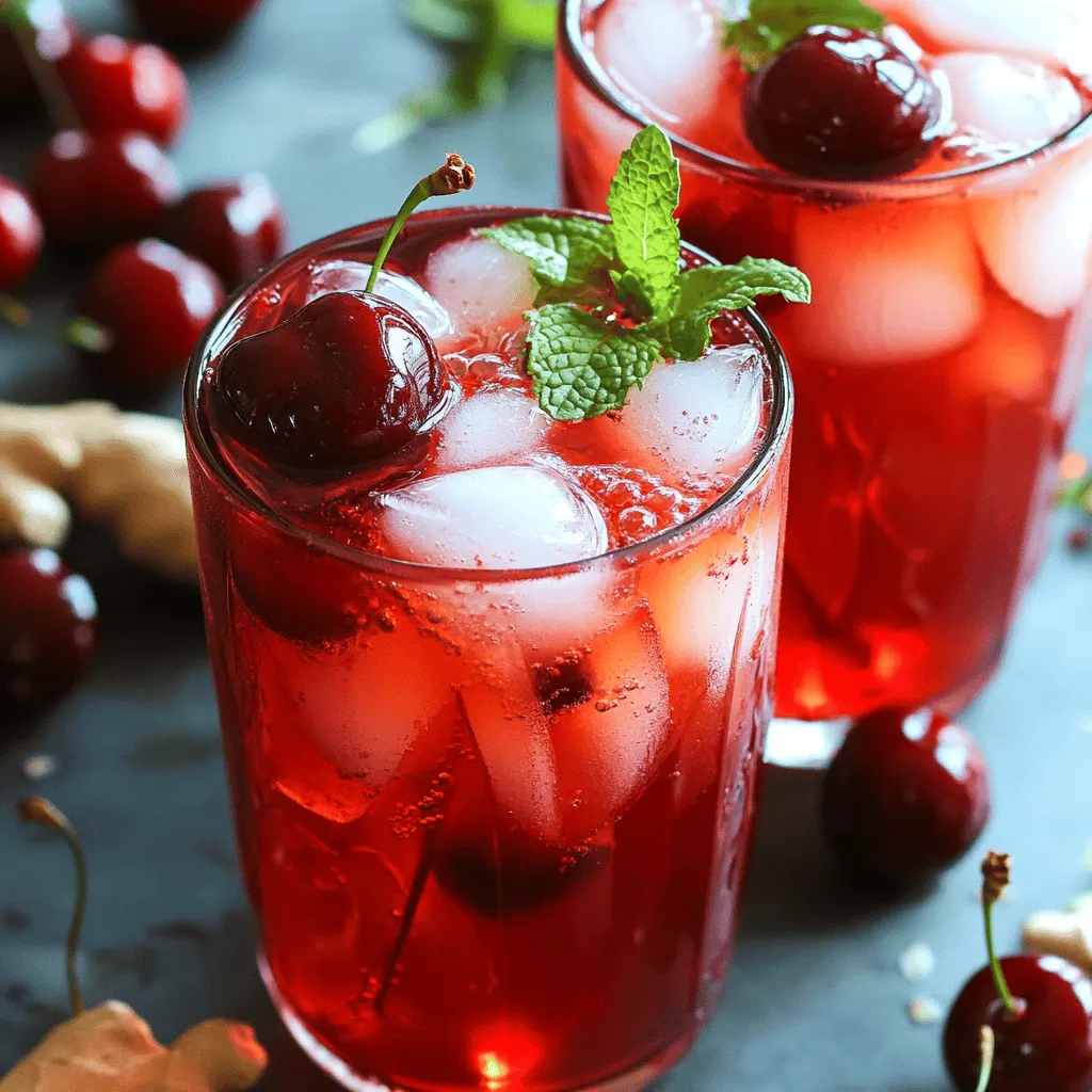 Für das Sweet & Spicy Cherry Ginger Iced Tea Rezept benötige ich einige frische Zutaten. Zuerst brauche ich 4 Tassen Wasser. Die Basis ist schwarzer Tee, also 2 Esslöffel losen schwarzen Tee oder 4 Teebeutel. Dann kommen die Sternen des Rezepts: 1 Tasse frische oder gefrorene Kirschen, entsteint. Ich füge 1 Esslöffel geriebenen Ingwer hinzu. Um es süß zu machen, brauche ich 1/4 Tasse Honig oder Agavendicksaft, je nach Geschmack. Ein Teelöffel Zimt rundet das Aroma ab. Und nicht zu vergessen, Eiswürfel und frische Minzblätter zur Garnierung.
