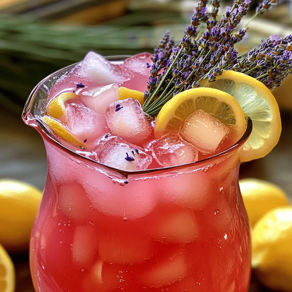 Für die Pink Lavender Lemonade brauchst du nur einige einfache Zutaten. Du benötigst 1 Tasse frischen Zitronensaft, was etwa 4 bis 6 Zitronen entspricht. Dann kommt 1 Tasse Zucker hinzu. Außerdem brauchst du 4 Tassen Wasser und 2 Esslöffel getrocknete Lavendelblüten. Für das besondere Aroma fügen wir 1-2 Tropfen ätherisches Lavendelöl (lebensmittelecht) hinzu. Frische Lavendelzweige und Zitronenscheiben dienen zur Dekoration. Und schließlich brauchst du Eiswürfel, um die Limonade schön kalt zu servieren.