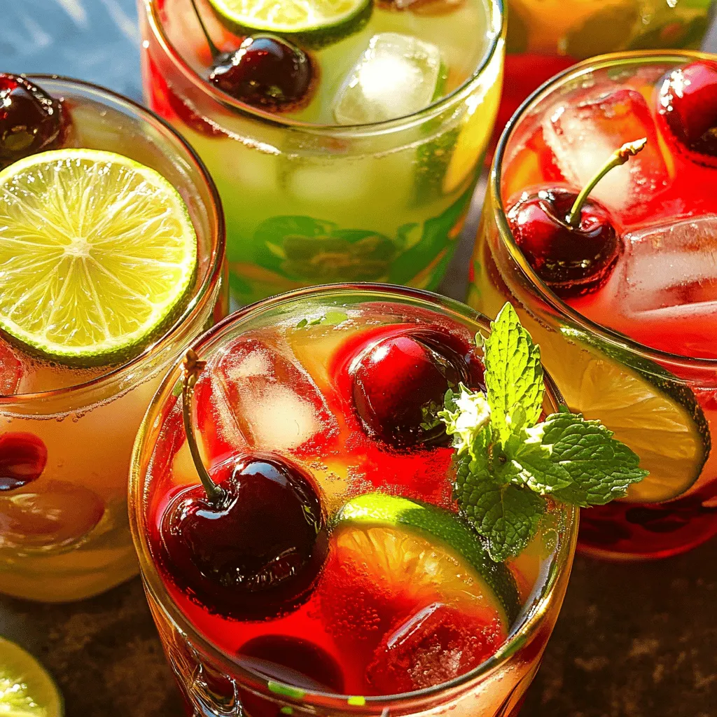 Für die erfrischende Cherry Limeade benötigst du folgende Zutaten: - 1 Tasse frische Kirschen, entsteint und halbiert - 1 Tasse Wasser - 1/2 Tasse frischer Limettensaft (ungefähr 4-5 Limetten) - 1/2 Tasse Zucker (oder nach Geschmack) - 3 Tassen kohlensäurehaltiges Wasser - Eiswürfel - Limettenscheiben und Kirschen zum Garnieren