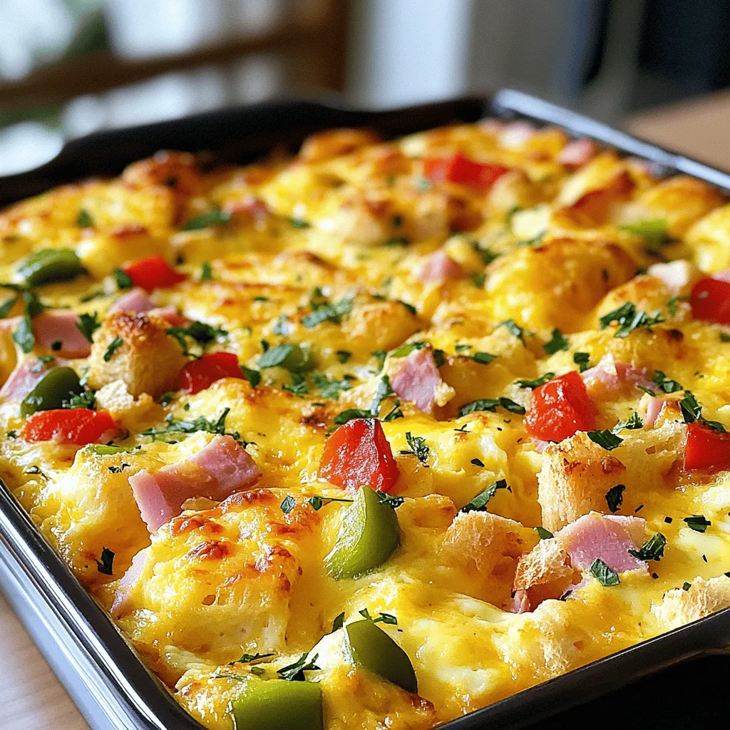 - 6 große Eier - 1 Tasse Milch - 1 Tasse geriebener Käse - 200 g gekochter Schinken - 1 Tasse gewürfelte Paprika - 1 Tasse gewürfelte Zwiebel - 3 Tassen gewürfeltes Brot