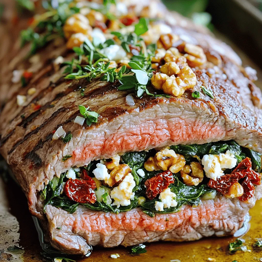 Um ein köstliches gefülltes Flankensteak zuzubereiten, müssen Sie einige einfache Schritte befolgen. Zuerst, sammeln Sie alle nötigen Zutaten. Sie brauchen 1,5 Pfund Flankensteak, frischen Spinat, Feta-Käse, sonnengetrocknete Tomaten, Walnüsse, Knoblauch, Olivenöl, Salz, Pfeffer, Oregano und Paprika. Diese Zutaten geben dem Steak viel Geschmack.
