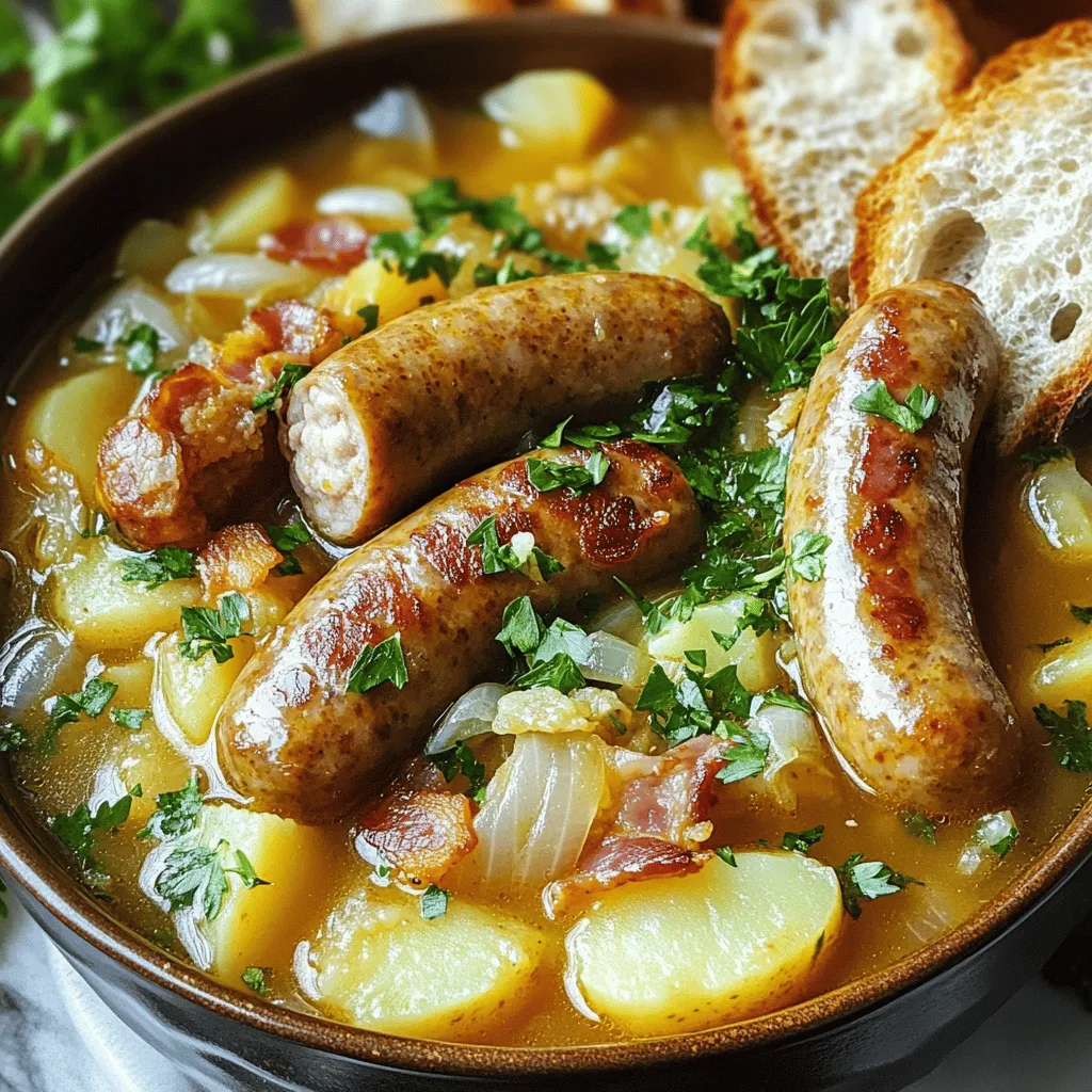 - 500g irische Würstchen, vorzugsweise Schwein - 400g streaky Bacon, in Stücke geschnitten - 4 große Kartoffeln, geschält und in Scheiben geschnitten