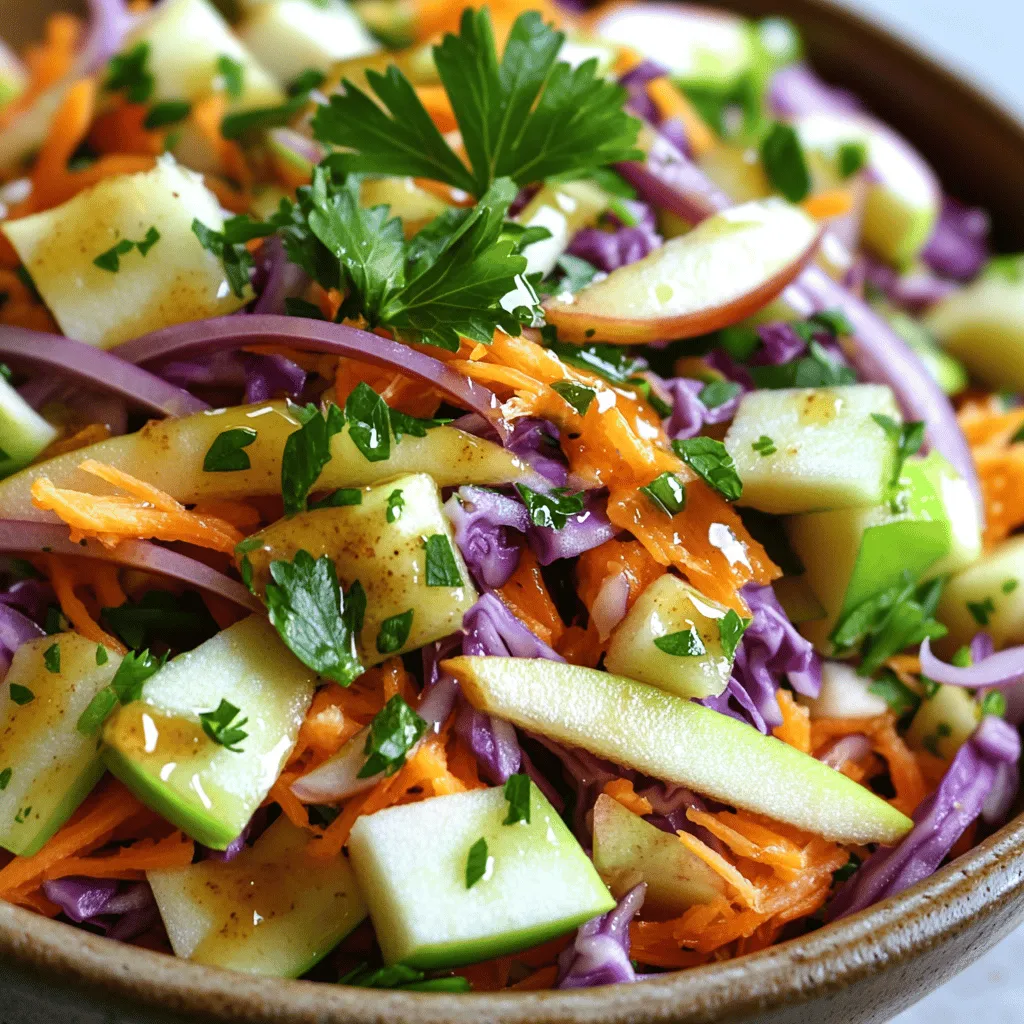 - 1 kleiner Kopf Rotkohl, fein gehobelt - 2 Karotten, gerieben - 1 Apfel, entkernt und gewürfelt - 1 rote Zwiebel, dünn geschnitten - 1 Tasse frische Petersilie, grob gehackt
