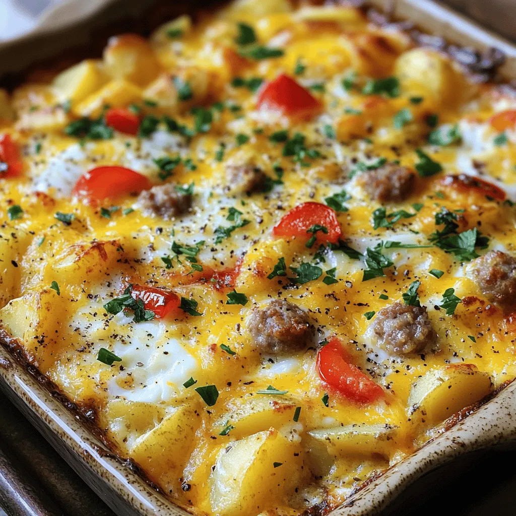 Frühstücksauflauf mit Eiern, Kartoffeln und Wurst lecker