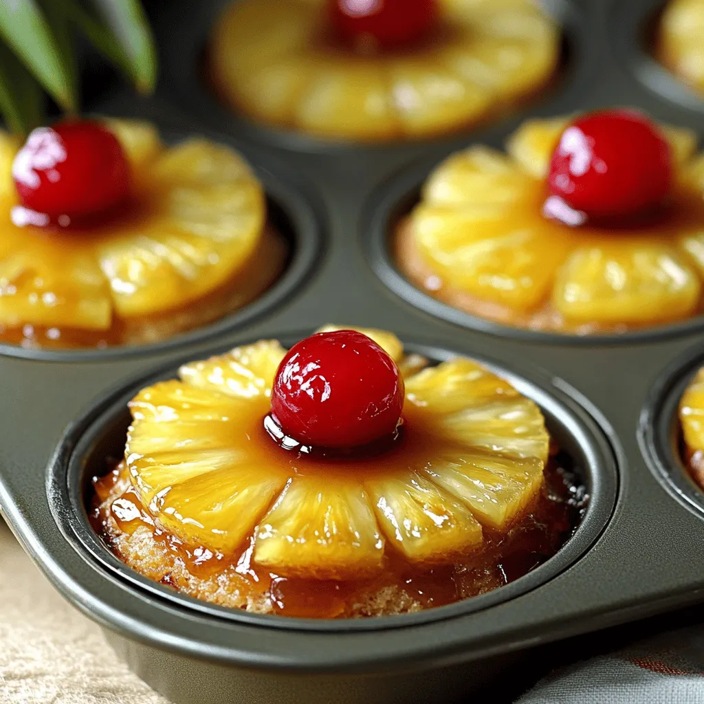 - 1 Tasse Allzweckmehl - 1 Teelöffel Backpulver - 1/2 Teelöffel Natron - 1/4 Teelöffel Salz - 1/2 Tasse ungesalzene Butter, weich - 1 Tasse brauner Zucker, gepackt - 2 große Eier - 1/2 Tasse Buttermilch - 1 Teelöffel Vanilleextrakt - 1 Dose (8 oz) Ananasscheiben, abgetropft - Cocktailkirschen zum Garnieren - Back spray oder Muffin-Förmchen