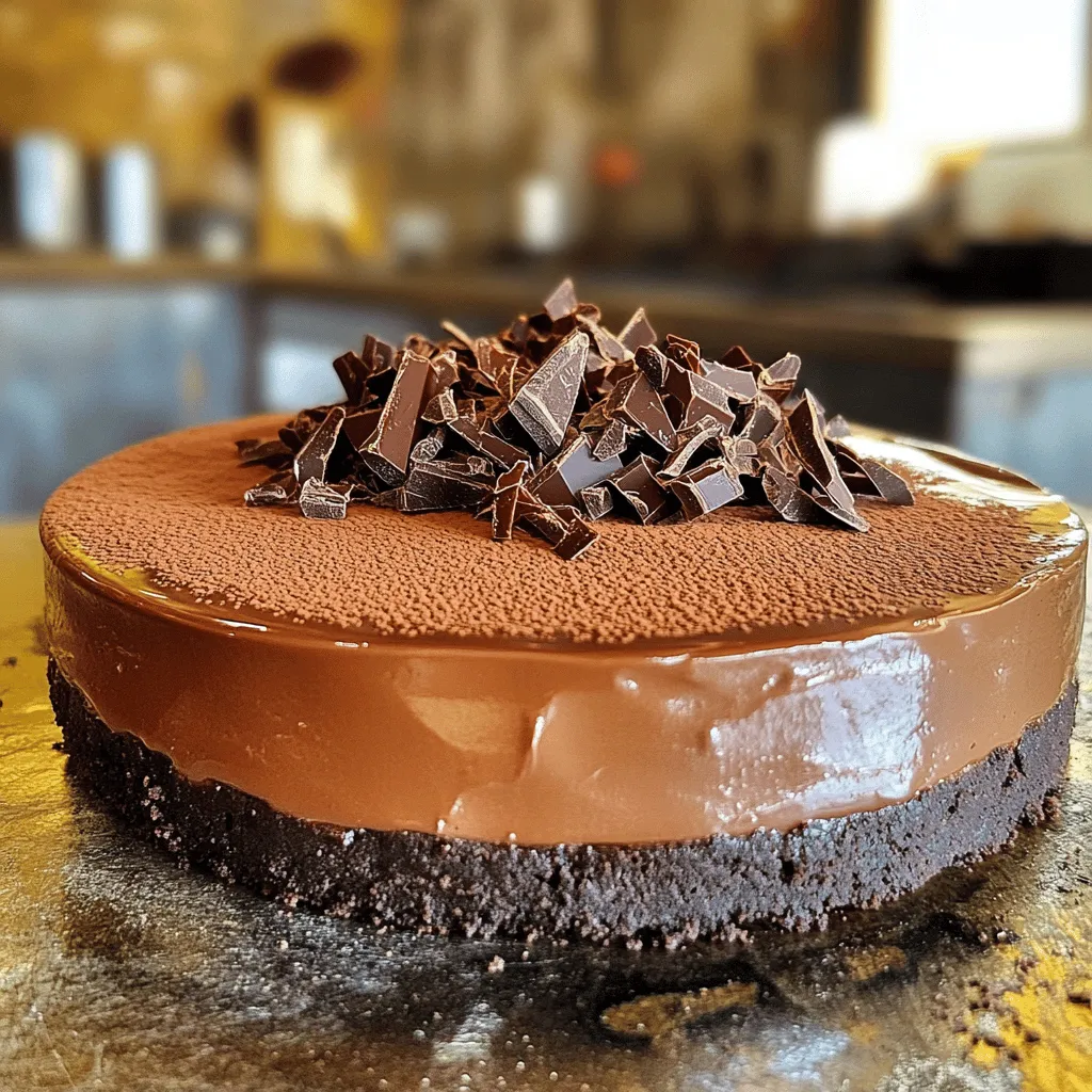 - 200 g Schokoladenkekse (z.B. Oreo) - 100 g geschmolzene Butter - 600 g Frischkäse, Zimmertemperatur - 150 g Zucker - 300 g dunkle Schokolade, geschmolzen und leicht abgekühlt - 3 große Eier - 1 TL Vanilleextrakt - 300 ml Schlagsahne - 2 EL Kakaopulver (für das Topping) - Schokoladenspänen (zum Garnieren)