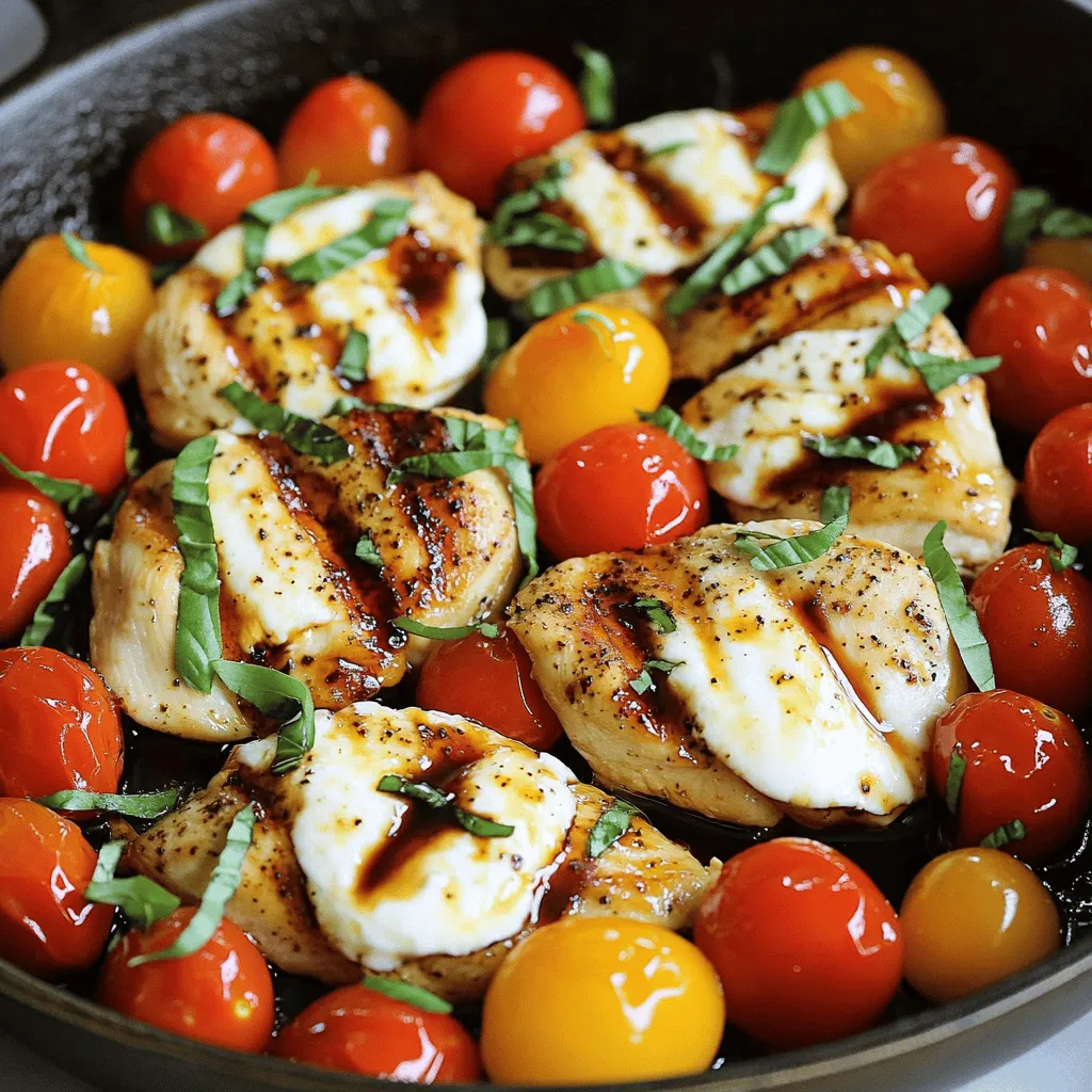 - 2 Hähnchenbrustfilets, halbiert - 200 g Kirschtomaten, halbiert - 250 g frischer Mozzarella, in Scheiben - 1 Bund frisches Basilikum, grob gehackt