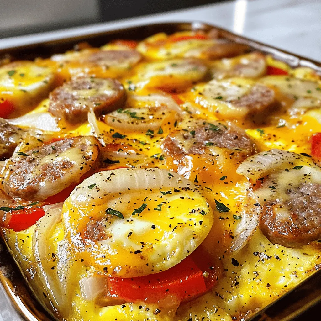 - 6 große Eier - 200 ml Milch - 200 g Frühstückswurst, in Scheiben geschnitten - 1 kleine Zwiebel, fein gehackt - 1 rote Paprika, gewürfelt - 1 Tasse geriebener Käse (z. B. Cheddar)