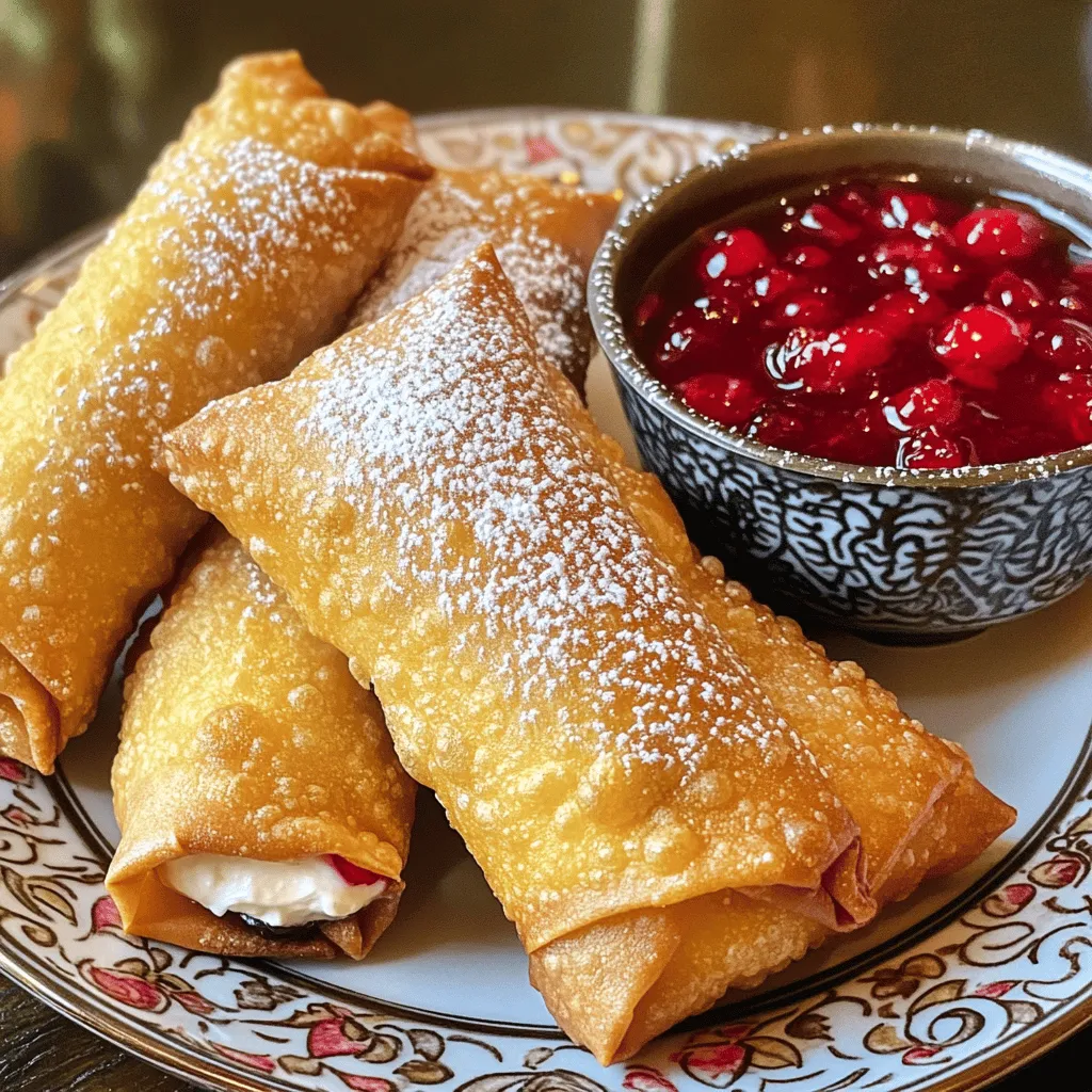Für die Cherry Cheesecake Egg Rolls brauchst du einige einfache Zutaten. Du benötigst 1 Tasse weiche Frischkäse, 1/2 Tasse Puderzucker und 1 Teelöffel Vanilleextrakt. Diese Zutaten machen die Füllung cremig und süß. Dann brauchst du 1 Tasse Kirschfüllung aus der Dose. Es gibt 10 Eirollen Wrapper, die du in jedem Supermarkt findest. Ein wenig Mehl hilft beim Versiegeln der Eirollen. Zum Frittieren brauchst du Gemüseöl und etwas Puderzucker zum Bestäuben.