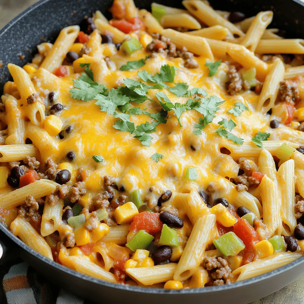 Hier sind die Zutaten für Cowboy Pasta. Diese sind einfach zu finden und lecker. - 225 g Penne-Nudeln - 450 g Rinderhackfleisch - 1 mittelgroße Zwiebel, gewürfelt - 3 Knoblauchzehen, fein gehackt - 1 rote Paprika, gewürfelt - 1 Dose (425 g) schwarze Bohnen, abgespült und abgetropft - 1 Dose (425 g) gewürfelte Tomaten mit grünen Chilis - 240 ml Maiskörner (frisch oder gefroren) - 2 Teelöffel Chilipulver - 1 Teelöffel Kreuzkümmel - 1/2 Teelöffel geräuchertes Paprikapulver - Salz und Pfeffer nach Geschmack - 1 Tasse geriebener Cheddar-Käse - Frischer Koriander oder Petersilie, zum Garnieren Frische Zutaten bringen oft mehr Geschmack. Sie sind knackiger und gesünder. Zum Beispiel, frische Paprika hat mehr Vitamine. Konservierte Zutaten sind jedoch praktisch und zeitsparend. Wenn du wenig Zeit hast, sind sie eine gute Wahl. Achte darauf, die Bohnen und Tomaten gut abzuspülen. So reduzierst du den Natriumgehalt. Cowboy Pasta ist nahrhaft und sättigend. Das Rinderhackfleisch liefert viel Protein. Es hilft beim Muskelaufbau und hält dich lange satt. Die Bohnen sind reich an Ballaststoffen. Sie fördern die Verdauung und halten den Blutzucker stabil. Die Paprika bringt Vitamine, vor allem Vitamin C. Mais liefert gesunde Kohlenhydrate. Achte auf die Portionsgröße, um die Kalorien im Blick zu behalten. Diese Pasta ist eine vollwertige Mahlzeit, die dir Energie gibt.Um die Penne-Nudeln perfekt zu kochen, bringe zuerst in einem großen Topf genügend Wasser zum Kochen. Füge dann eine gute Menge Salz hinzu. Das Salz hilft, den Geschmack der Nudeln zu verbessern. Gib die Penne-Nudeln ins kochende Wasser. Koche sie gemäß der Packungsanweisung bis sie bissfest, also „al dente“, sind. Das dauert meist etwa 10 bis 12 Minuten. Wenn sie fertig sind, gieße die Nudeln ab und stelle sie beiseite. Nimm eine große Pfanne und stelle sie auf mittlere Hitze. Gib das Rinderhackfleisch hinein. Brate es 6 bis 8 Minuten lang an. Rühre es gut um, damit es gleichmäßig bräunt. Achte darauf, das überschüssige Fett abzugießen, wenn nötig. So bleibt das Gericht nicht zu fettig. Das Fleisch sollte schön braun und gut durchgegart sein. Jetzt ist es Zeit für das Gemüse! Füge die gewürfelte Zwiebel und den gehackten Knoblauch zum Rinderhackfleisch hinzu. Brate sie 3 bis 4 Minuten an, bis die Zwiebeln glasig sind. Danach kommt die gewürfelte rote Paprika dazu. Streue auch das Chilipulver, den Kreuzkümmel und das geräucherte Paprikapulver hinein. Rühre alles gut um und lasse es weitere 3 bis 4 Minuten köcheln. Die Paprika sollte weich werden, aber nicht zerfallen. Jetzt sind wir fast fertig! Gib die abgetropften schwarzen Bohnen, die gewürfelten Tomaten mit ihrem Saft und die gekochten Penne-Nudeln in die Pfanne. Mische alles gut durch und erhitze die Mischung weitere 5 Minuten. Der letzte Schritt: Streue den geriebenen Cheddar-Käse gleichmäßig darüber. Decke die Pfanne ab und lasse sie 2 bis 3 Minuten ruhen, damit der Käse schmelzen kann. Garnieren kannst du das Ganze mit frisch gehacktem Koriander oder Petersilie.Um die perfekte Konsistenz der Pasta zu erreichen, koche ich die Penne-Nudeln al dente. Das bedeutet, dass sie leicht fest sind. Bringe einen großen Topf mit gesalzenem Wasser zum Kochen. Achte darauf, genug Wasser zu verwenden. So kleben die Nudeln nicht zusammen. Nach der angegebenen Kochzeit, probiere eine Nudel. Sie sollte weich sein, aber noch einen kleinen Biss haben. Nach dem Abgießen, lasse die Nudeln kurz ruhen. Das hilft, die Konsistenz zu bewahren. Beim Anbraten des Rinderhackfleischs gibt es einige Dos und Don’ts. Zuerst, benutze eine große Pfanne. So bleibt das Fleisch gleichmäßig in der Hitze. Achte darauf, das Fleisch gut zu zerbrechen. So brät es gleichmäßig an. Rühre es regelmäßig um. Das verhindert, dass es anbrennt. Lass das Fett nicht zu lange in der Pfanne. Gieße überschüssiges Fett ab, um die Sauce nicht zu schwer zu machen. Vermeide es, das Fleisch zu früh zu würzen. Das kann den Geschmack beeinträchtigen. Die Gewürze sind der Schlüssel zu Cowboy Pasta. Ich kann die Gewürze leicht anpassen. Für eine mildere Version, verwende weniger Chilipulver. Wer es schärfer mag, kann mehr Chilis hinzufügen. Kreuzkümmel bringt einen tollen Geschmack. Du kannst auch andere Gewürze ausprobieren, wie Oregano oder Thymian. Das macht das Gericht noch interessanter. Ein Spritzer frischer Limettensaft kann dem Gericht Frische geben. So kannst du Cowboy Pasta immer wieder neu erfinden.{{image_4}} Du kannst Cowboy Pasta leicht vegetarisch machen. Ersetze das Rinderhackfleisch durch eine Mischung aus Pilzen und Linsen. Diese Zutaten geben dir einen herzhaften Geschmack. Verwende auch mehr Gemüse, wie Zucchini oder Karotten. Diese sorgen für Farbe und Nährstoffe. Du kannst die Gewürze gleich lassen. Das Rezept bleibt einfach und lecker. Wenn du es schärfer magst, füge frische Chilis hinzu. Du kannst Jalapeños oder Serrano-Chilis verwenden. Schneide sie klein und brate sie mit der Zwiebel und dem Knoblauch an. Das gibt der Pasta einen extra Kick. Du kannst auch mehr Chilipulver oder Cayennepfeffer hinzufügen. Achte darauf, die Schärfe nach deinem Geschmack anzupassen. Für eine glutenfreie Version wähle glutenfreie Penne-Nudeln. Diese findest du in vielen Supermärkten. Achte darauf, auch die anderen Zutaten zu überprüfen. Einige Dosenprodukte können Gluten enthalten. Es ist wichtig, die Etiketten zu lesen. So bleibt deine Cowboy Pasta für alle Diäten geeignet. Du kannst das Rezept immer noch genießen!Es ist wichtig, Cowboy Pasta gut aufzubewahren, um die Frische zu erhalten. Lass die Pasta zuerst auf Raumtemperatur abkühlen. Verwende dann einen luftdichten Behälter. Fülle die Pasta hinein und schließe den Behälter fest. So bleibt die Pasta bis zu fünf Tage frisch. Um die Cowboy Pasta wieder aufzuwärmen, benutze eine Pfanne oder die Mikrowelle. In der Pfanne füge einen Spritzer Wasser hinzu. Das hilft, die Pasta feucht zu halten. Erhitze sie bei mittlerer Hitze und rühre oft um. In der Mikrowelle decke die Pasta ab, um Spritzer zu vermeiden. Erhitze sie in kurzen Intervallen von 30 Sekunden. So bleibt die Pasta lecker und frisch. Im Kühlschrank hält die Cowboy Pasta etwa fünf Tage. Du kannst sie auch einfrieren. Fülle die Pasta in einen gefrierfesten Behälter. So bleibt sie bis zu drei Monate haltbar. Achte darauf, beim Einfrieren nicht zu viel Luft im Behälter zu lassen. Das verhindert Gefrierbrand und sorgt für besseren Geschmack. Die Zubereitung von Cowboy Pasta dauert etwa 30 Minuten. Du brauchst 10 Minuten, um alles vorzubereiten, und 20 Minuten zum Kochen. Diese Zeit ist perfekt, wenn du einen schnellen, leckeren Abendessenplan brauchst. Es ist einfach und macht Spaß! Ja, du kannst Cowboy Pasta im Voraus zubereiten. Koche die Pasta und die Sauce separat. Du kannst sie dann in einem luftdichten Behälter im Kühlschrank aufbewahren. Wenn du bereit bist zu essen, erhitze alles zusammen. So sparst du Zeit und hast trotzdem ein tolles Essen. Zu Cowboy Pasta passen viele Beilagen gut. Hier sind ein paar Ideen: - Ein frischer grüner Salat - Knoblauchbrot oder Baguette - Gegrilltes Gemüse - Ein cremiges Dressing für den Salat Diese Beilagen ergänzen den Geschmack und machen das Essen noch besser. Probiere sie aus! Diese Anleitung zeigt, wie man Cowboy Pasta zubereitet. Wir betrachteten die Zutaten, Kochschritte und Tipps für das perfekte Gericht. Du lernst auch, wie du die Pasta aufbewahrst und aufwärmst. Variationen bieten dir viele Geschmäcker, von vegetarisch bis scharf. Du hast jetzt alle Infos, um eine köstliche Cowboy Pasta zu machen. Probiere es aus, experimentiere mit Zutaten und finde deinen Lieblingsgeschmack! Viel Spaß beim Kochen!