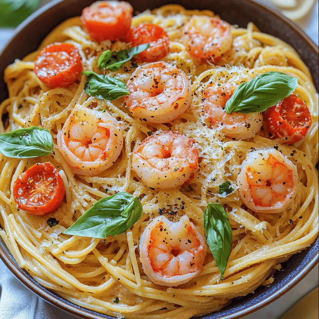 Spaghetti mit Garnelen in cremiger Tomatensauce lecker