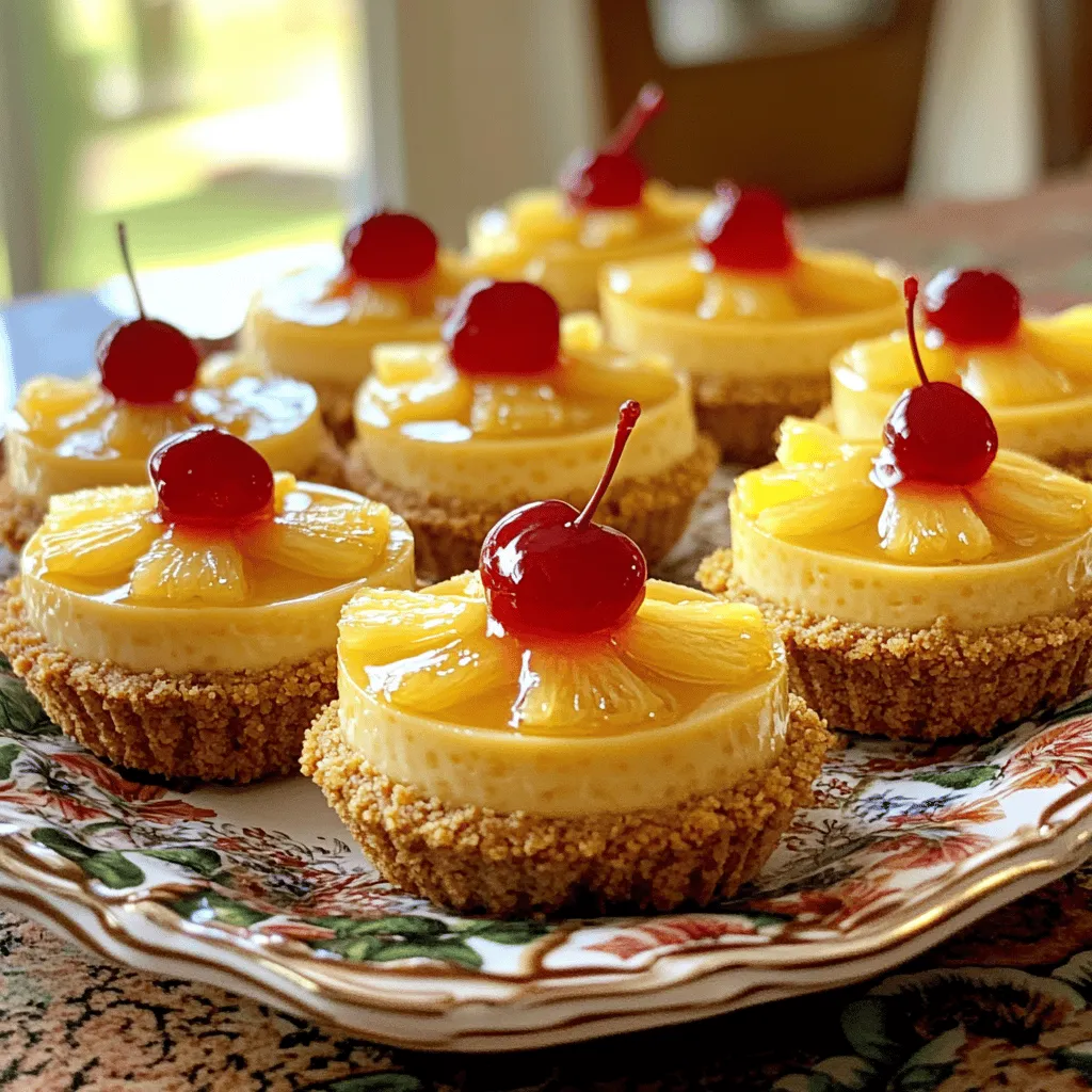 Um diese leckeren Mini Pineapple Upside-Down Cheesecakes zu machen, brauchst du die folgenden Zutaten: - 1 Tasse Graham-Cracker-Brösel - 1/4 Tasse ungesalzene Butter, geschmolzen - 2 Esslöffel brauner Zucker - 1 (226 g) Paket Frischkäse, weich - 1/2 Tasse Zucker - 1 Teelöffel Vanilleextrakt - 1 Tasse Schlagsahne - 1/4 Tasse zerdrückte Ananas, abgetropft - 10 Maraschino-Kirschen (zum Dekorieren)